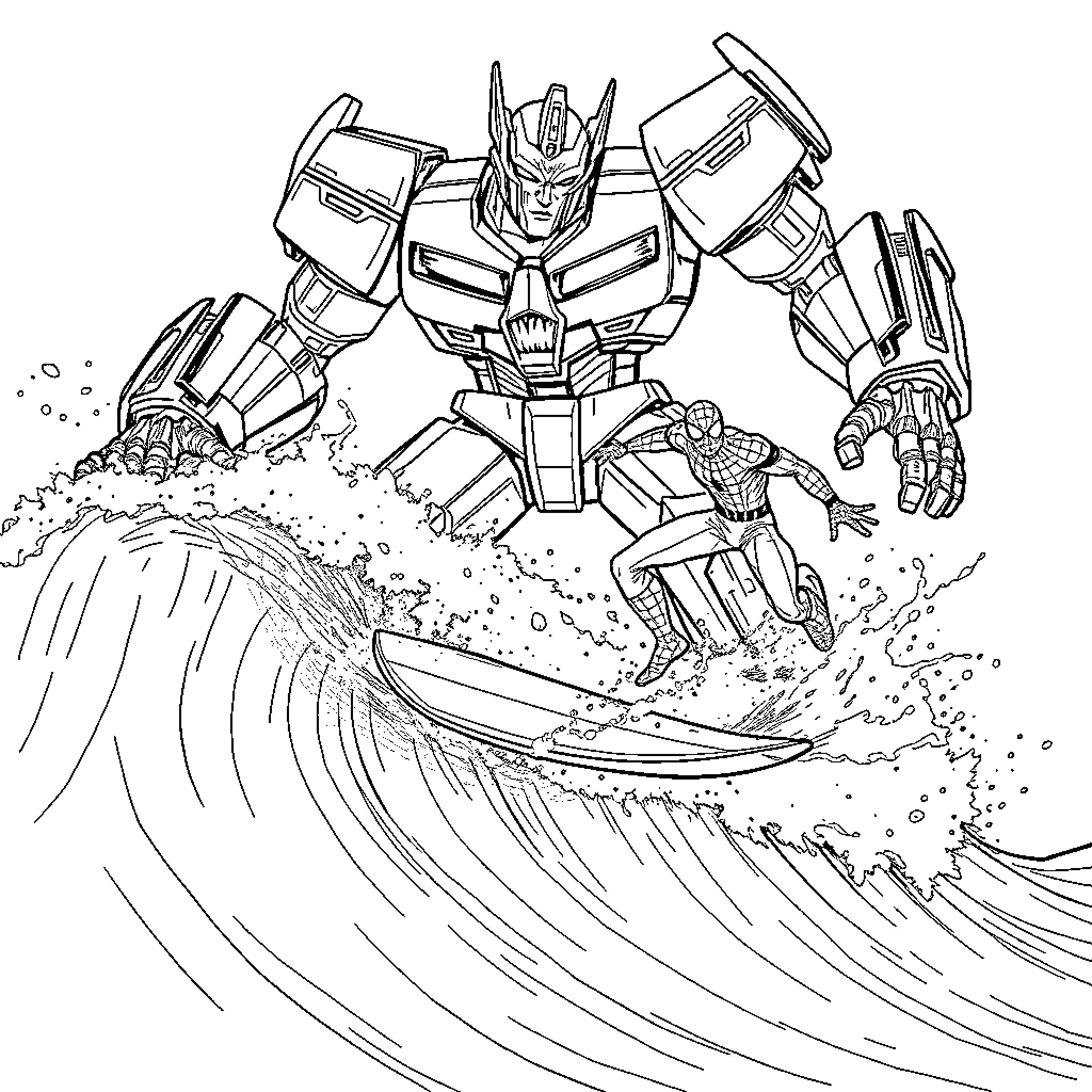 Spider-Man riding a giant robot wave Coloring Page (free black-and-white line drawing printable PDF for all, from beginners to advanced learners, including children, teens, adults, and seniors)