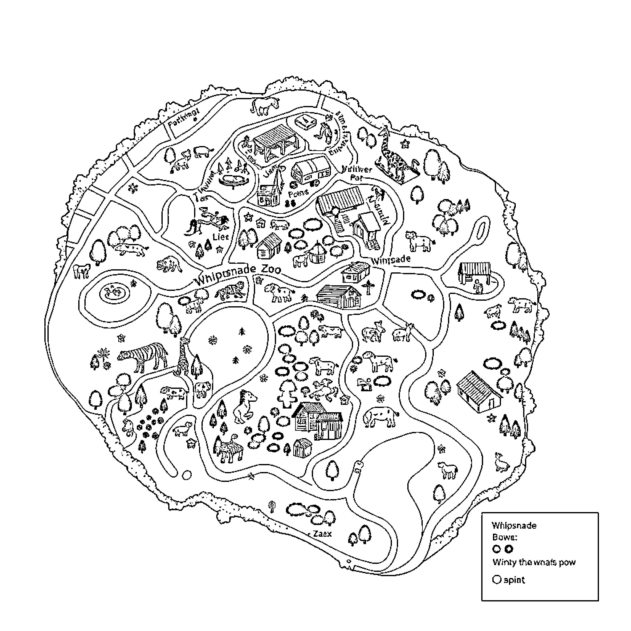 Zoo with diverse animals and attractions Coloring Page (free black-and-white line drawing printable PDF for all, from beginners to advanced learners, including children, teens, adults, and seniors)