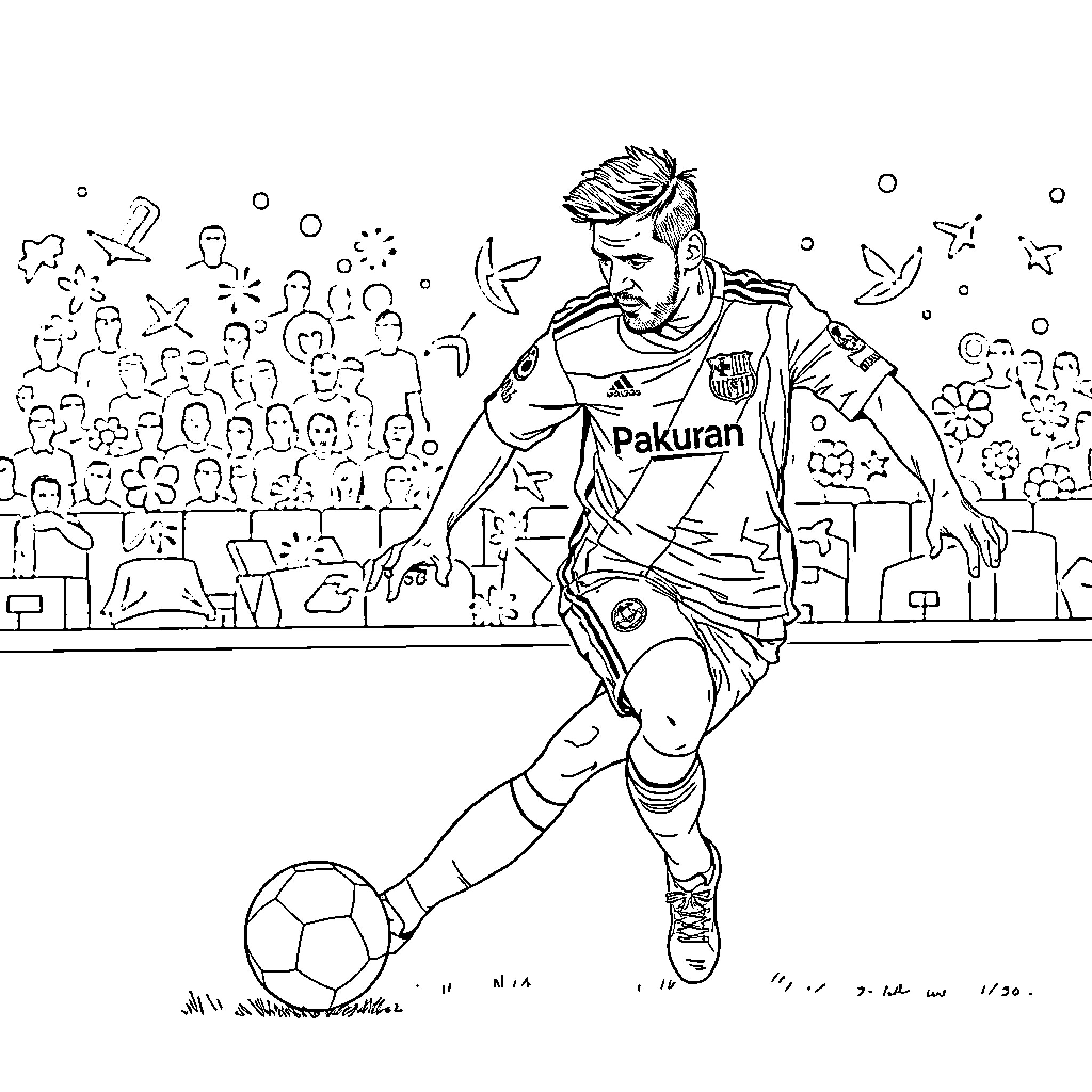 Messi celebrating with the crowd in a soccer match Coloring Page (free black-and-white line drawing printable PDF for all, from beginners to advanced learners, including children, teens, adults, and seniors)