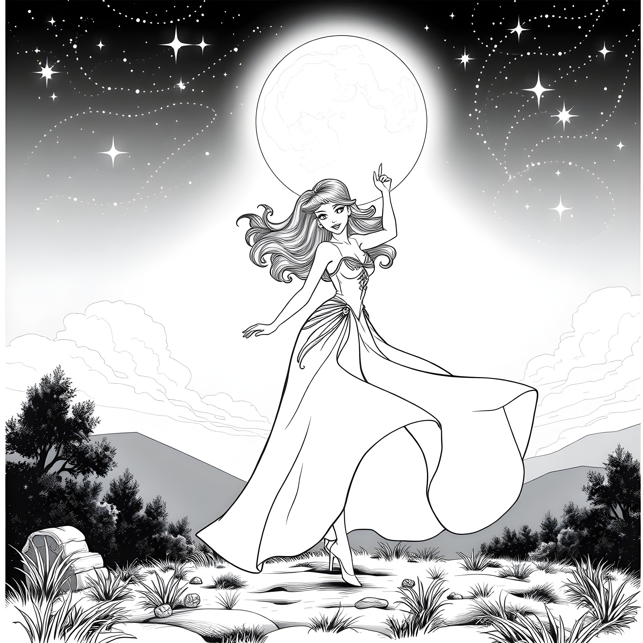 Rory Mercury dancing under the moonlight Coloring Page (free black-and-white line drawing printable PDF for all, from beginners to advanced learners, including children, teens, adults, and seniors)