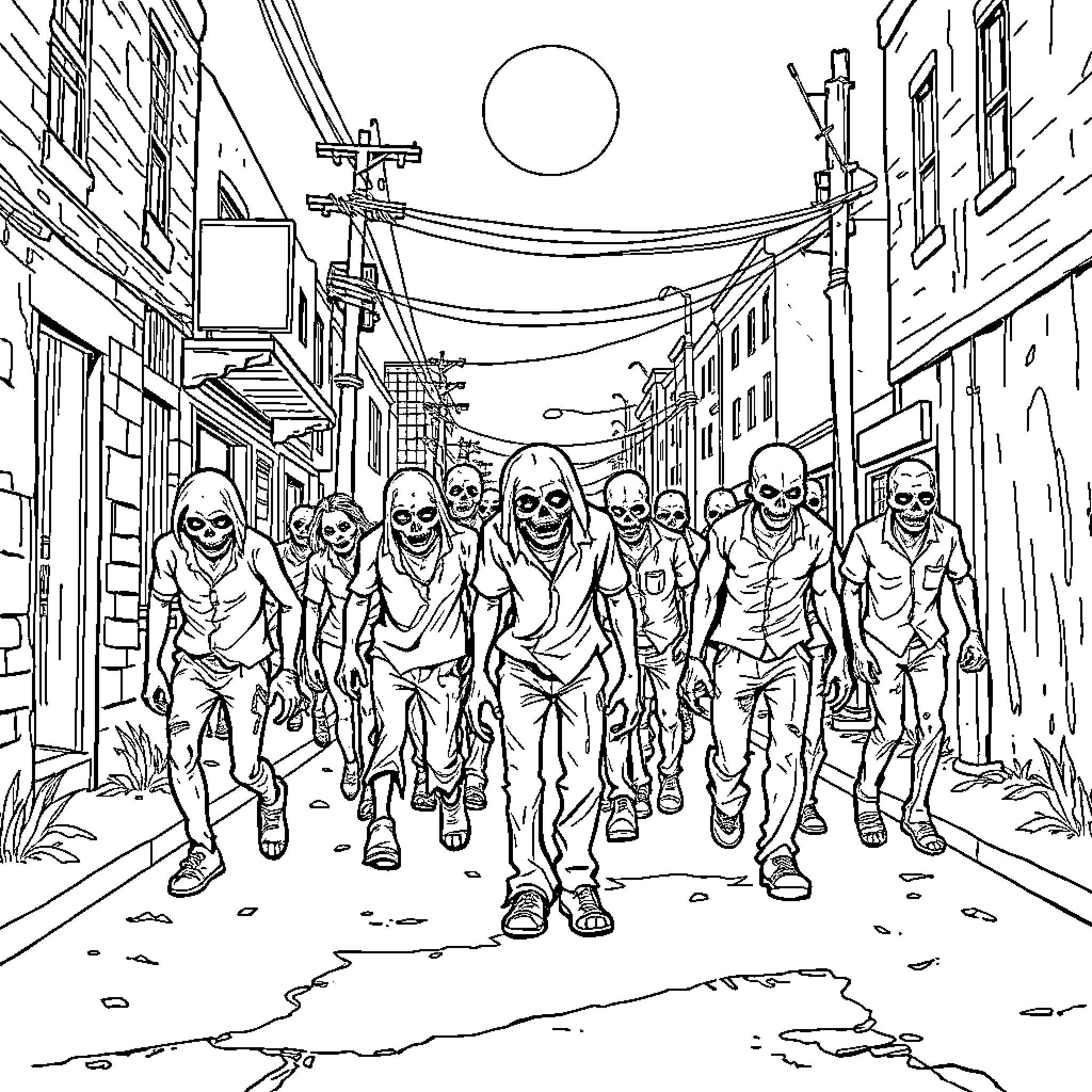 Zombie army marching through the desolate city streets Coloring Page (free black-and-white line drawing printable PDF for all, from beginners to advanced learners, including children, teens, adults, and seniors)