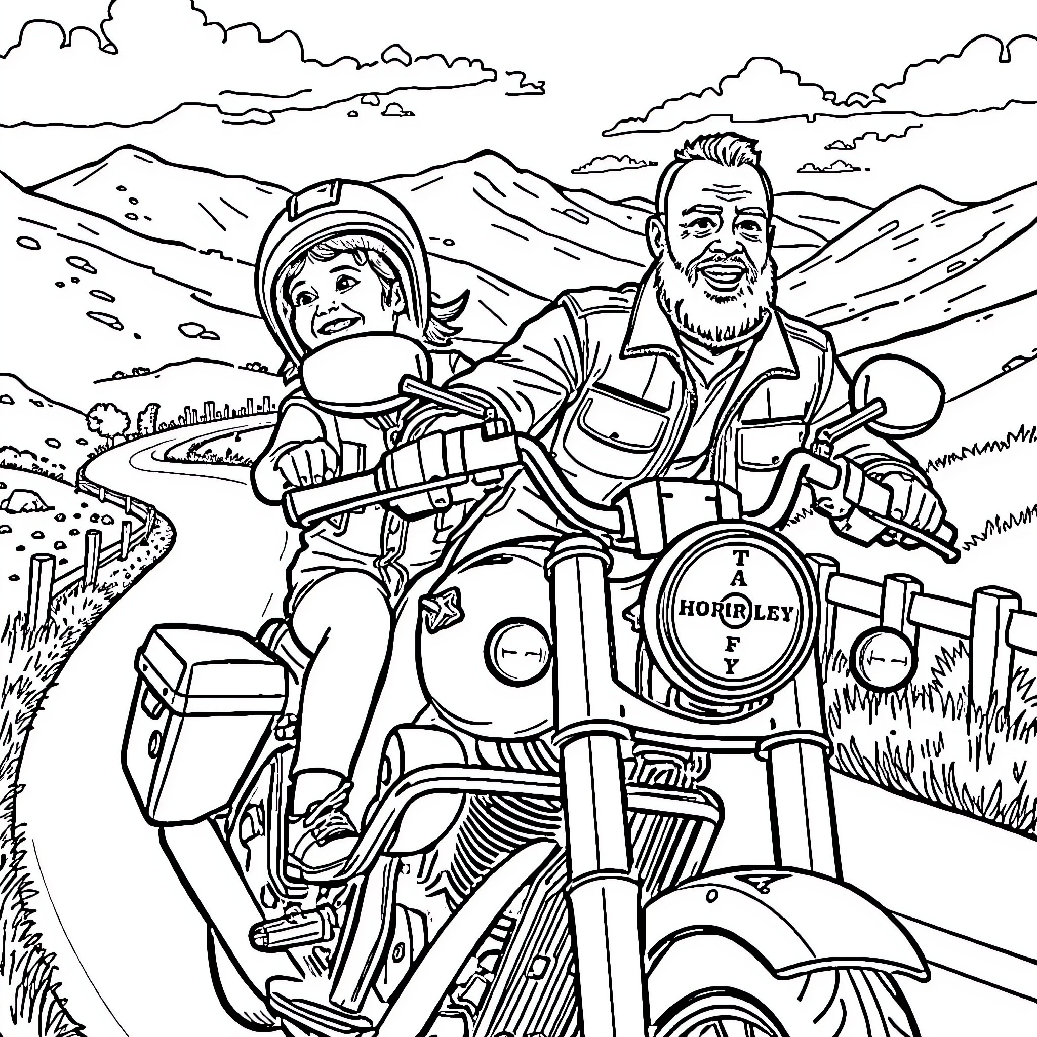 Harley Adventure Ride in the Mountains Coloring Page (free black-and-white line drawing printable PDF for all, from beginners to advanced learners, including children, teens, adults, and seniors)