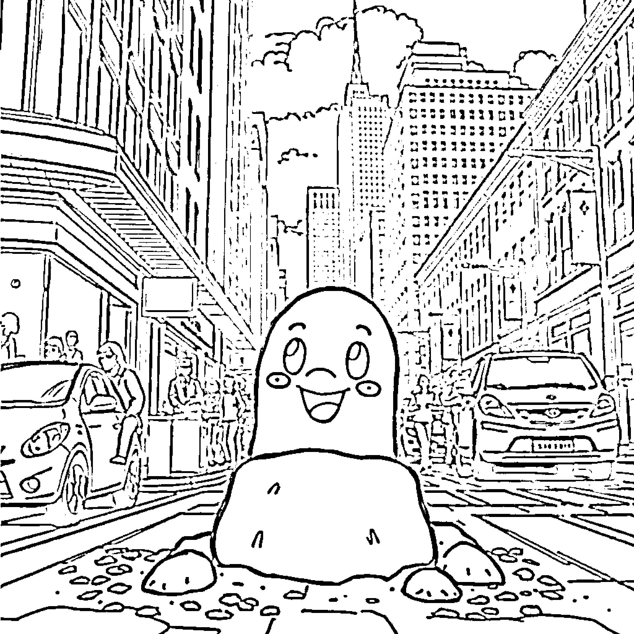Diglett exploring the bustling city streets Coloring Page (free black-and-white line drawing printable PDF for all, from beginners to advanced learners, including children, teens, adults, and seniors)