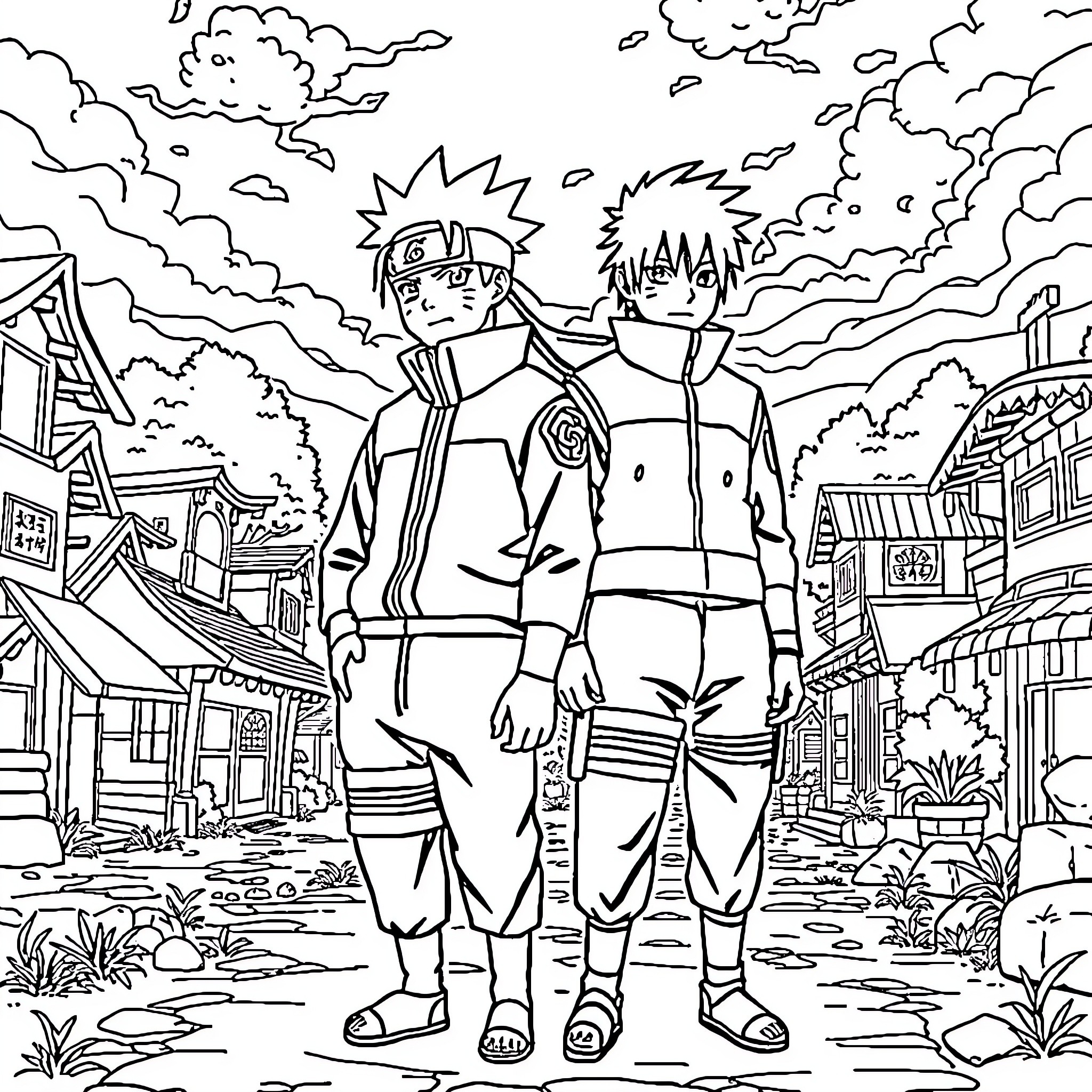 Naruto characters in a village setting Coloring Page (free black-and-white line drawing printable PDF for all, from beginners to advanced learners, including children, teens, adults, and seniors)