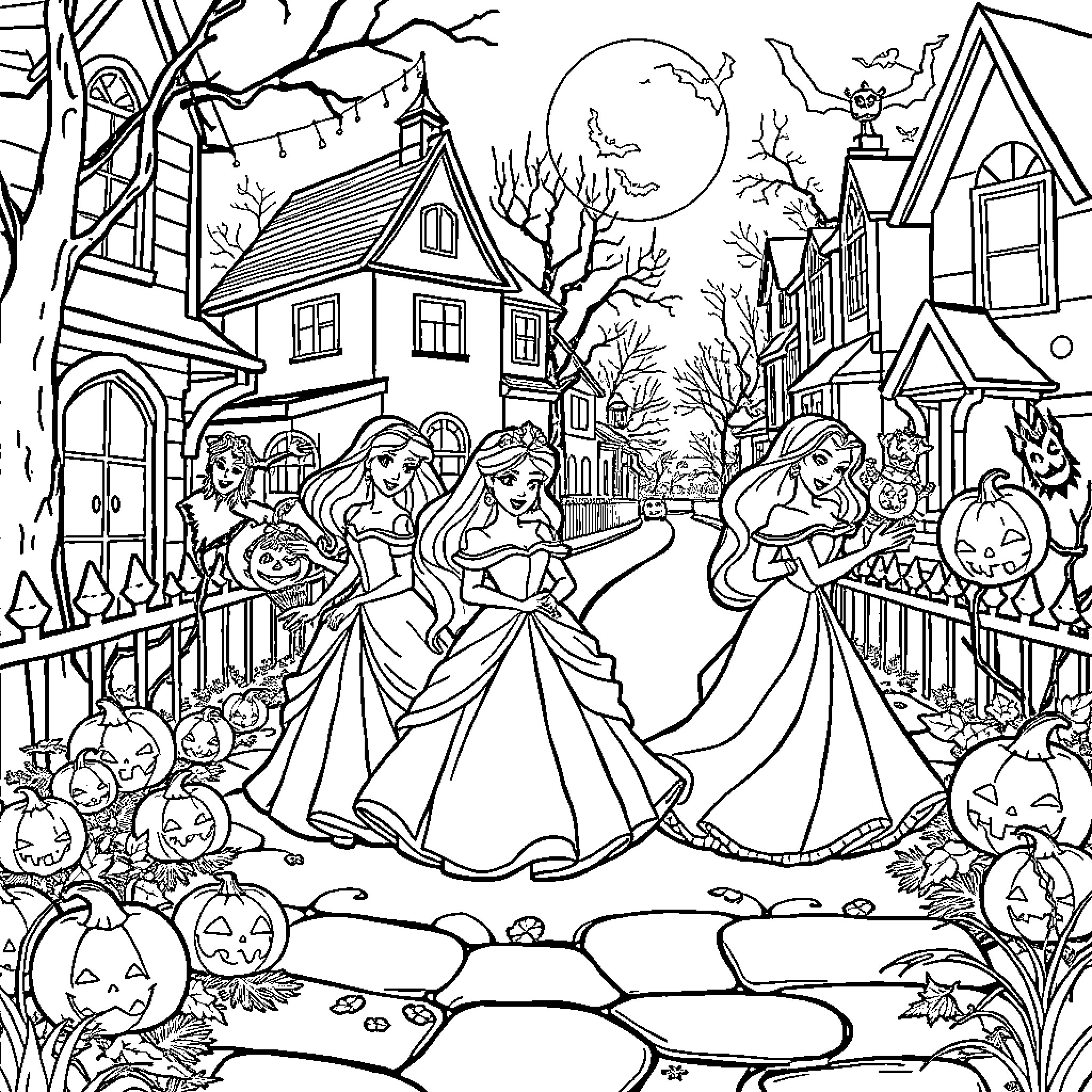 Disney Princesses Celebrating Halloween in Enchanted Village Coloring Page (free black-and-white line drawing printable PDF for all, from beginners to advanced learners, including children, teens, adults, and seniors)