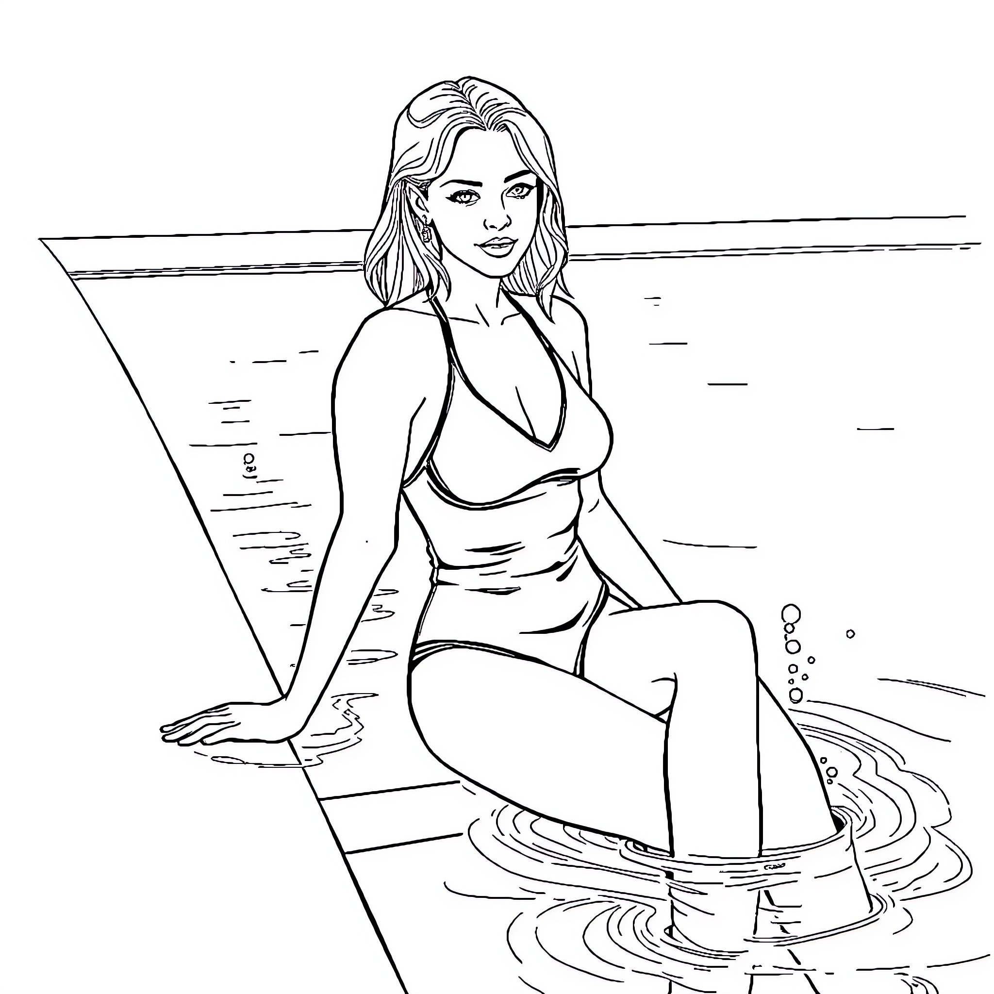Wednesday Adams lounging by the pool in swimwear Coloring Page (free black-and-white line drawing printable PDF for all, from beginners to advanced learners, including children, teens, adults, and seniors)
