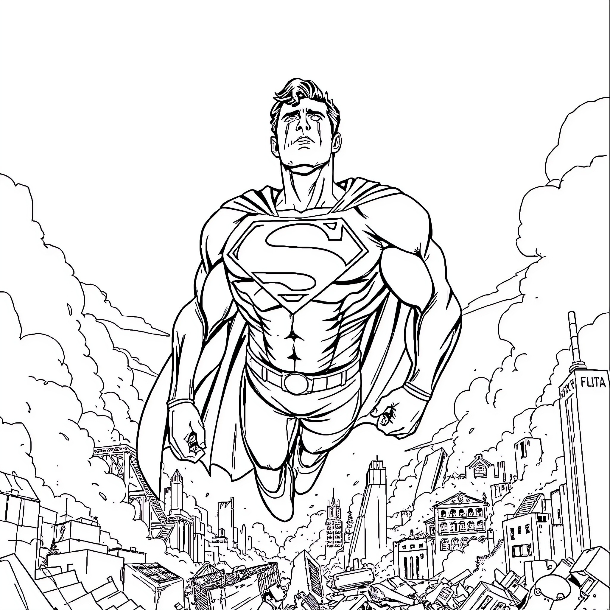 Superman soaring over the city in action Coloring Page (free black-and-white line drawing printable PDF for all, from beginners to advanced learners, including children, teens, adults, and seniors)
