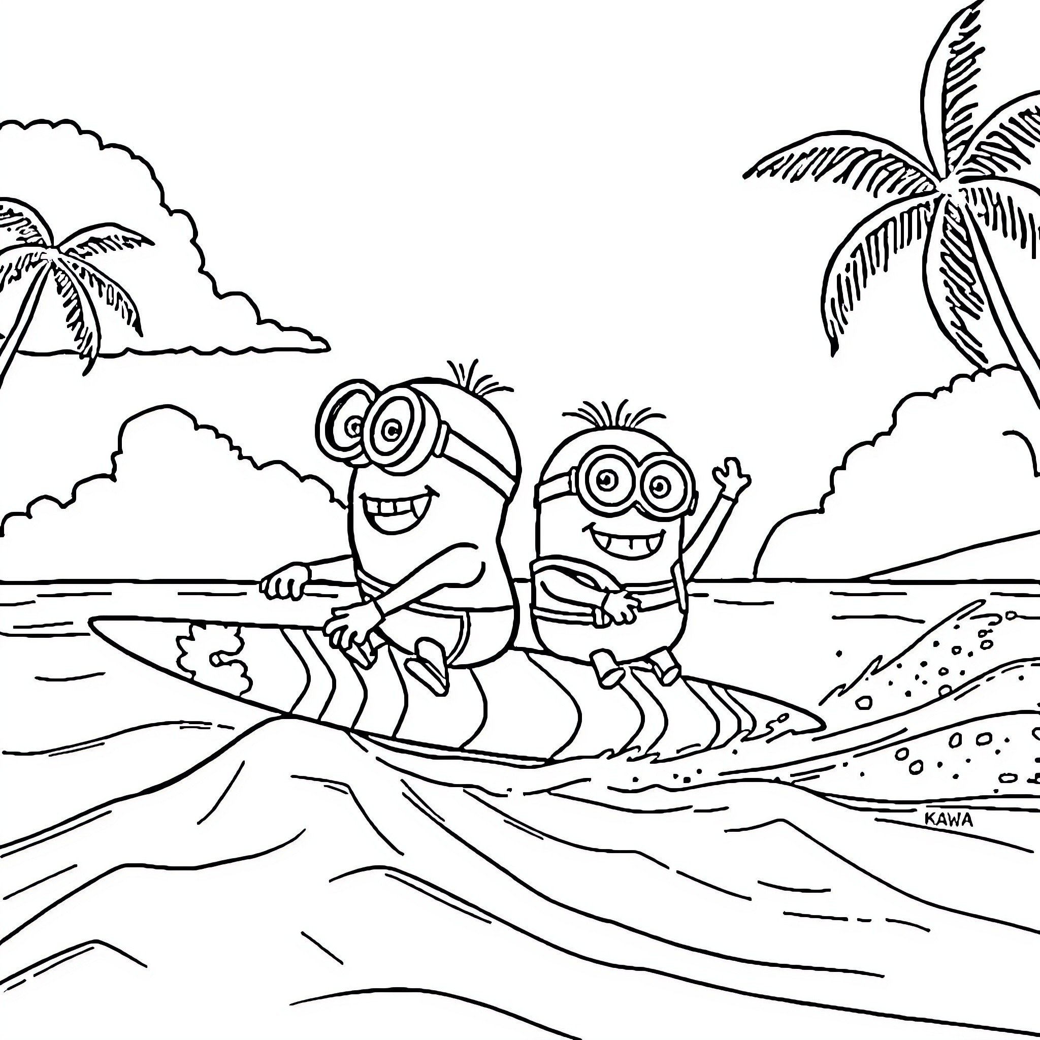 Minions enjoying a fun day at the beach Coloring Page (free black-and-white line drawing printable PDF for all, from beginners to advanced learners, including children, teens, adults, and seniors)