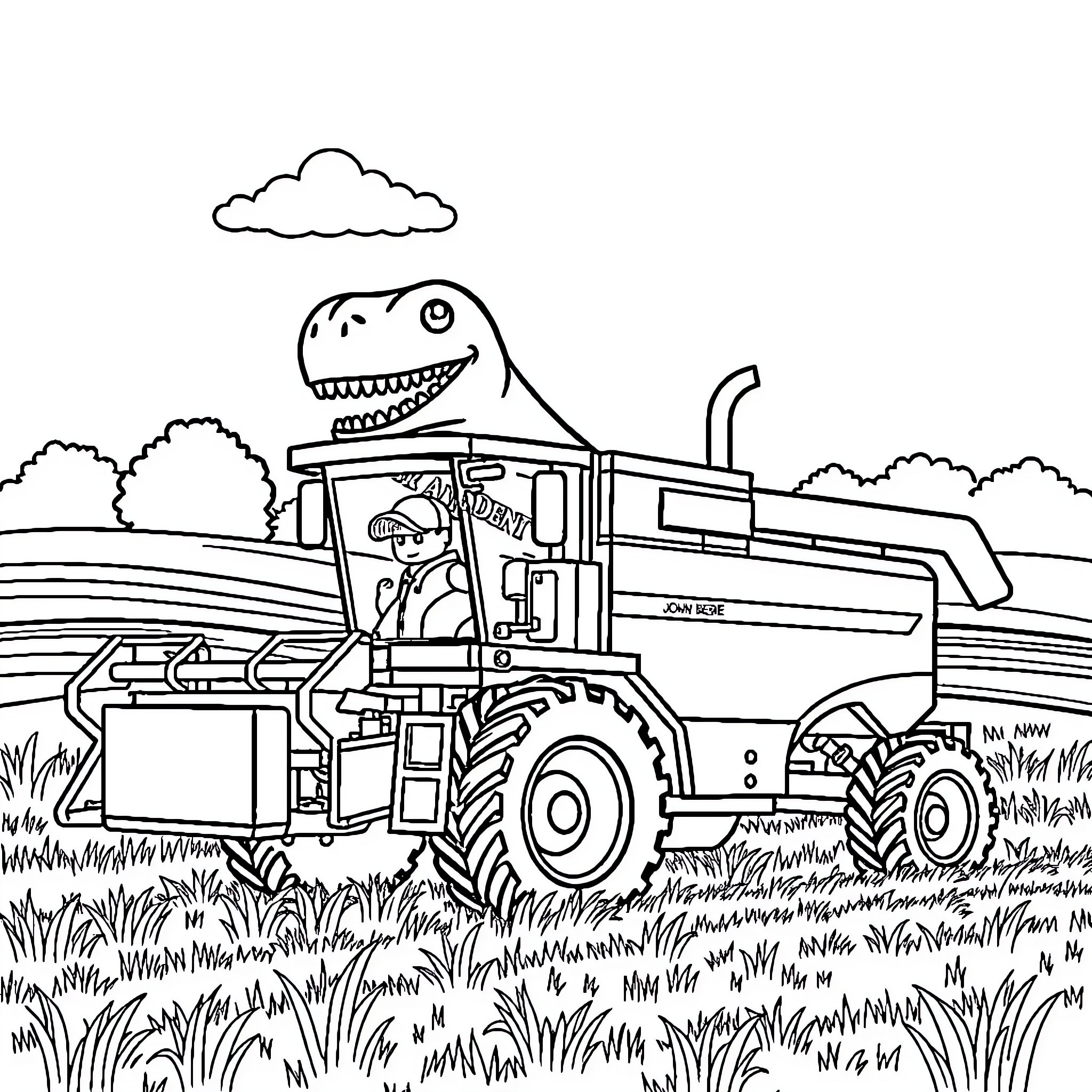 Dinosaur driving a large tractor in the countryside Coloring Page (free black-and-white line drawing printable PDF for all, from beginners to advanced learners, including children, teens, adults, and seniors)