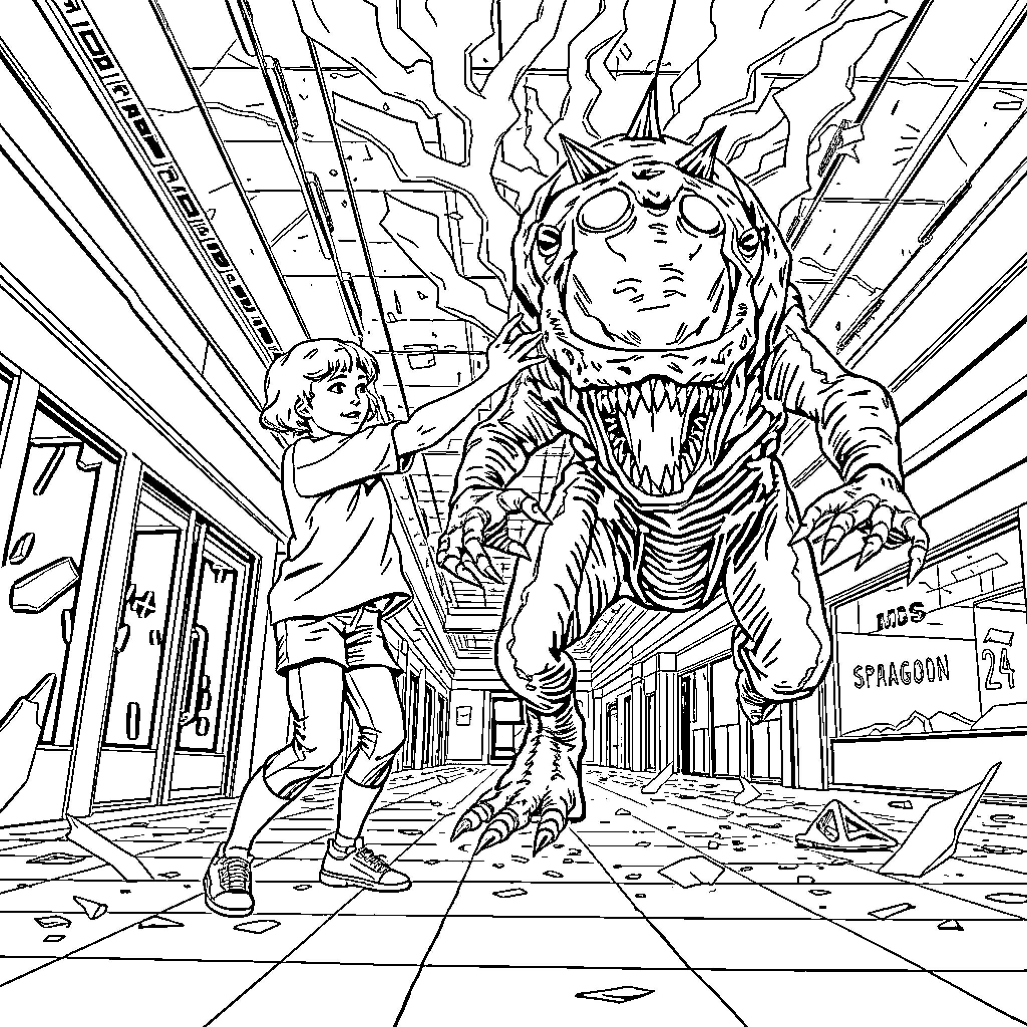 Eleven's Encounter with a Terrifying Creature Coloring Page (free black-and-white line drawing printable PDF for all, from beginners to advanced learners, including children, teens, adults, and seniors)
