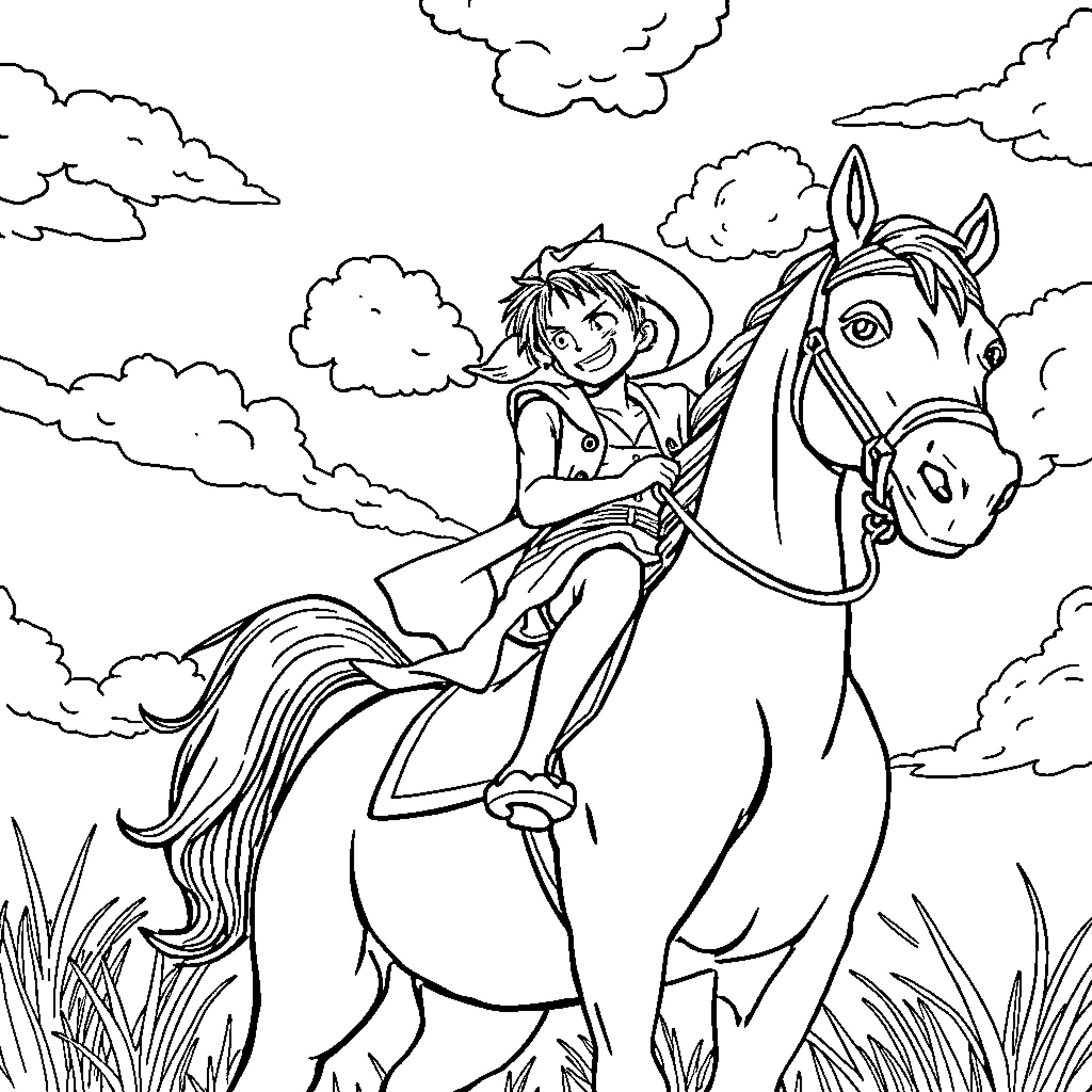 Luffy Riding a Spirited Horse through the Countryside Coloring Page (free black-and-white line drawing printable PDF for all, from beginners to advanced learners, including children, teens, adults, and seniors)