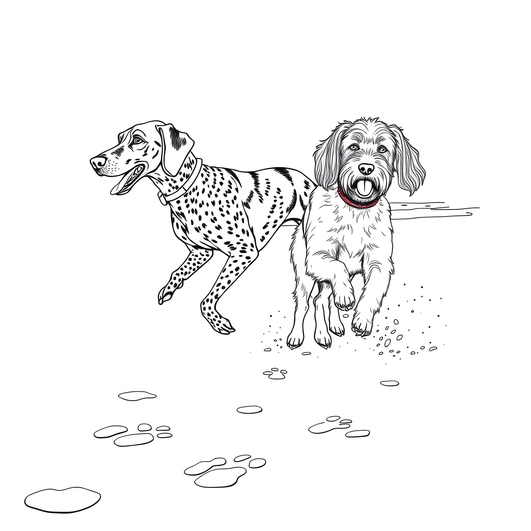 Dogs playing happily in the park Coloring Page (free black-and-white line drawing printable PDF for all, from beginners to advanced learners, including children, teens, adults, and seniors)