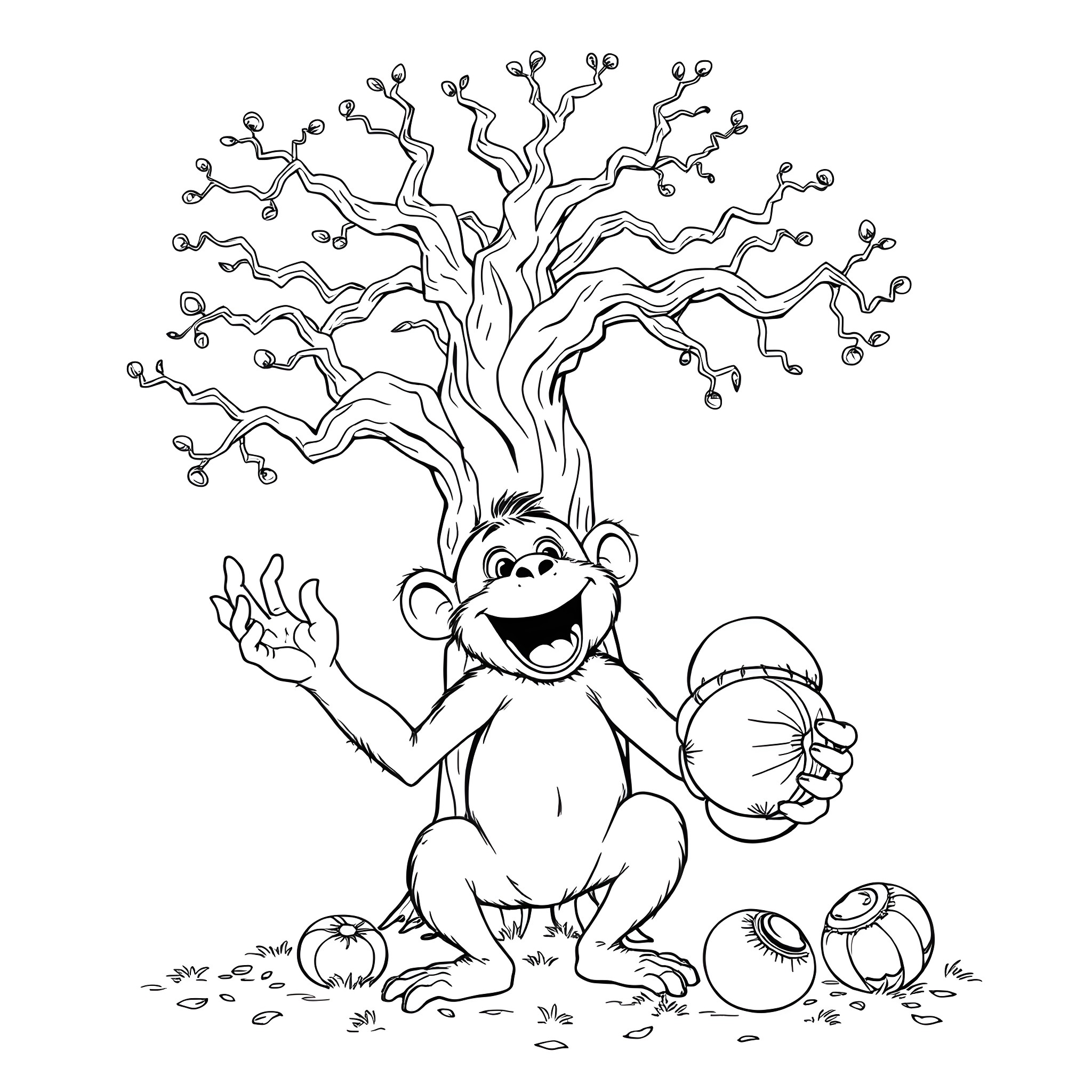 Deez Nuts Monkey Playing Happily in the Meadow Coloring Page (free black-and-white line drawing printable PDF for all, from beginners to advanced learners, including children, teens, adults, and seniors)