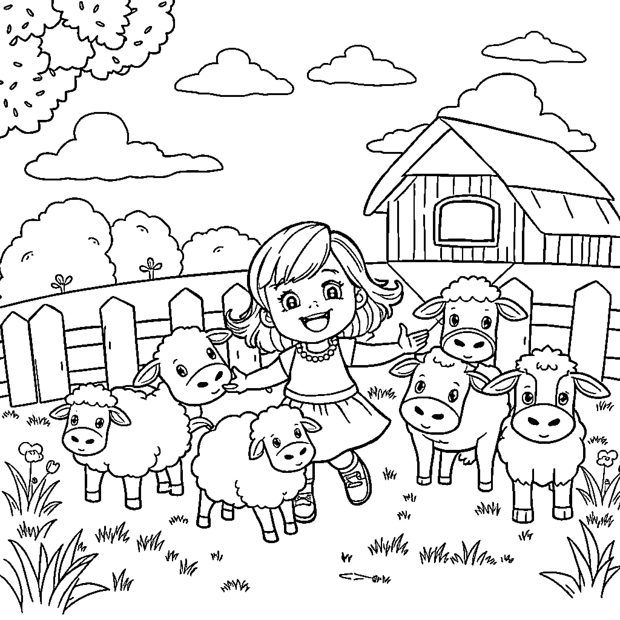 Girl playing happily with farm animals in the countryside Coloring Page (free black-and-white line drawing printable PDF for all, from beginners to advanced learners, including children, teens, adults, and seniors)