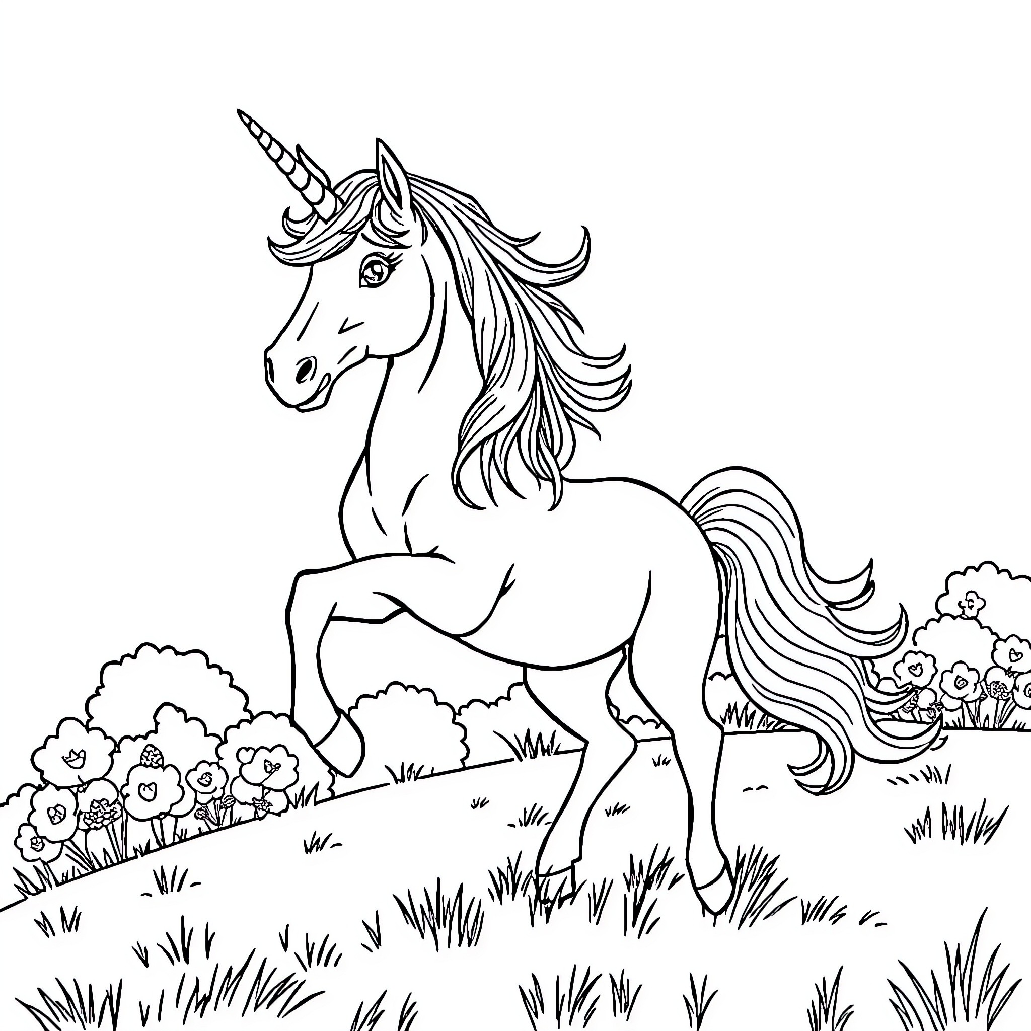 Unicorn standing gracefully in a floral meadow Coloring Page (free black-and-white line drawing printable PDF for all, from beginners to advanced learners, including children, teens, adults, and seniors)