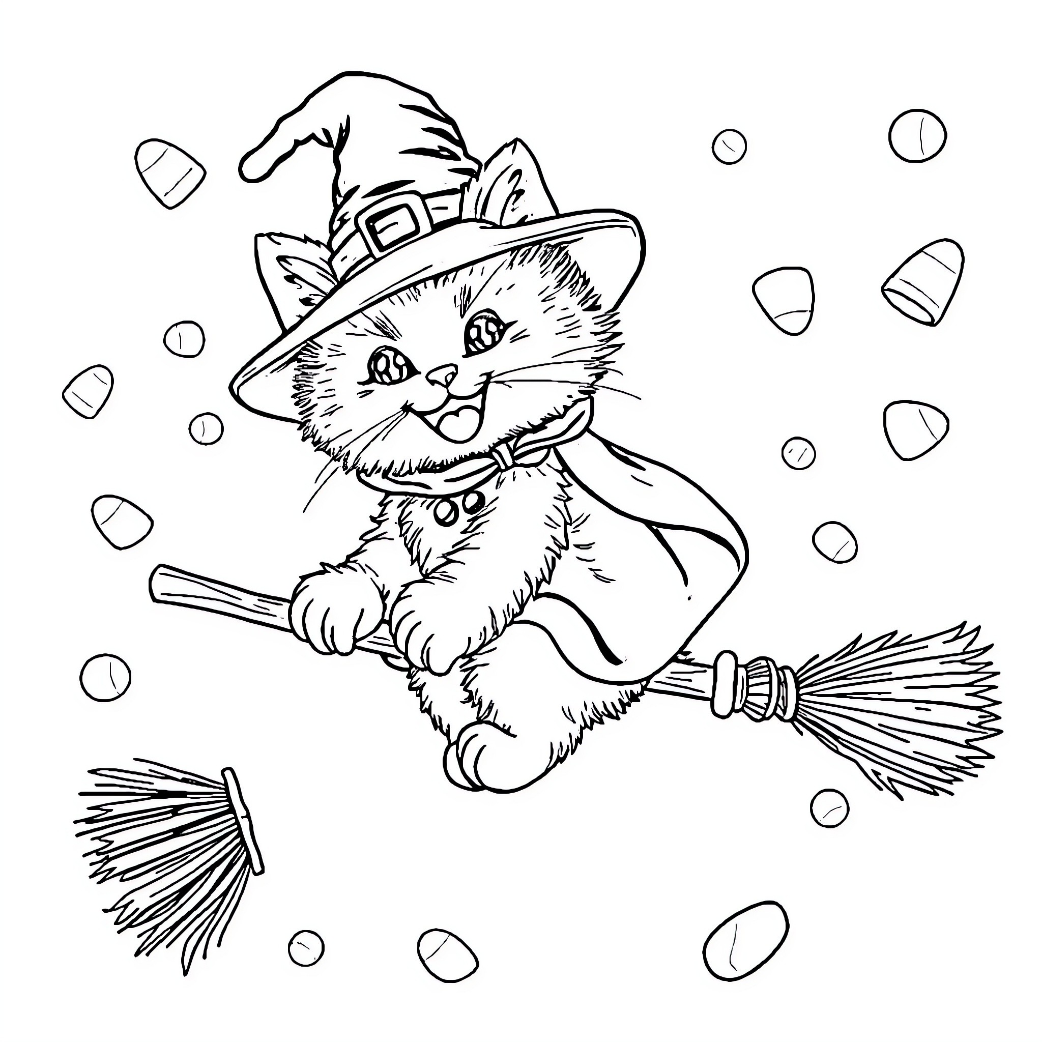 Kitten in witchy costume flying on a broom Coloring Page (free black-and-white line drawing printable PDF for all, from beginners to advanced learners, including children, teens, adults, and seniors)