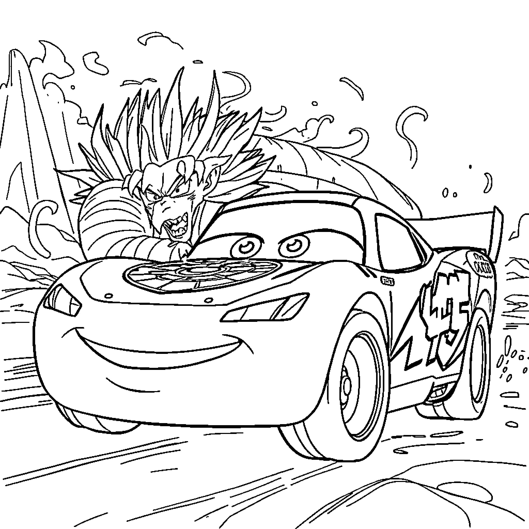 Rayo McQueen's racing adventure in the wilderness Coloring Page (free black-and-white line drawing printable PDF for all, from beginners to advanced learners, including children, teens, adults, and seniors)