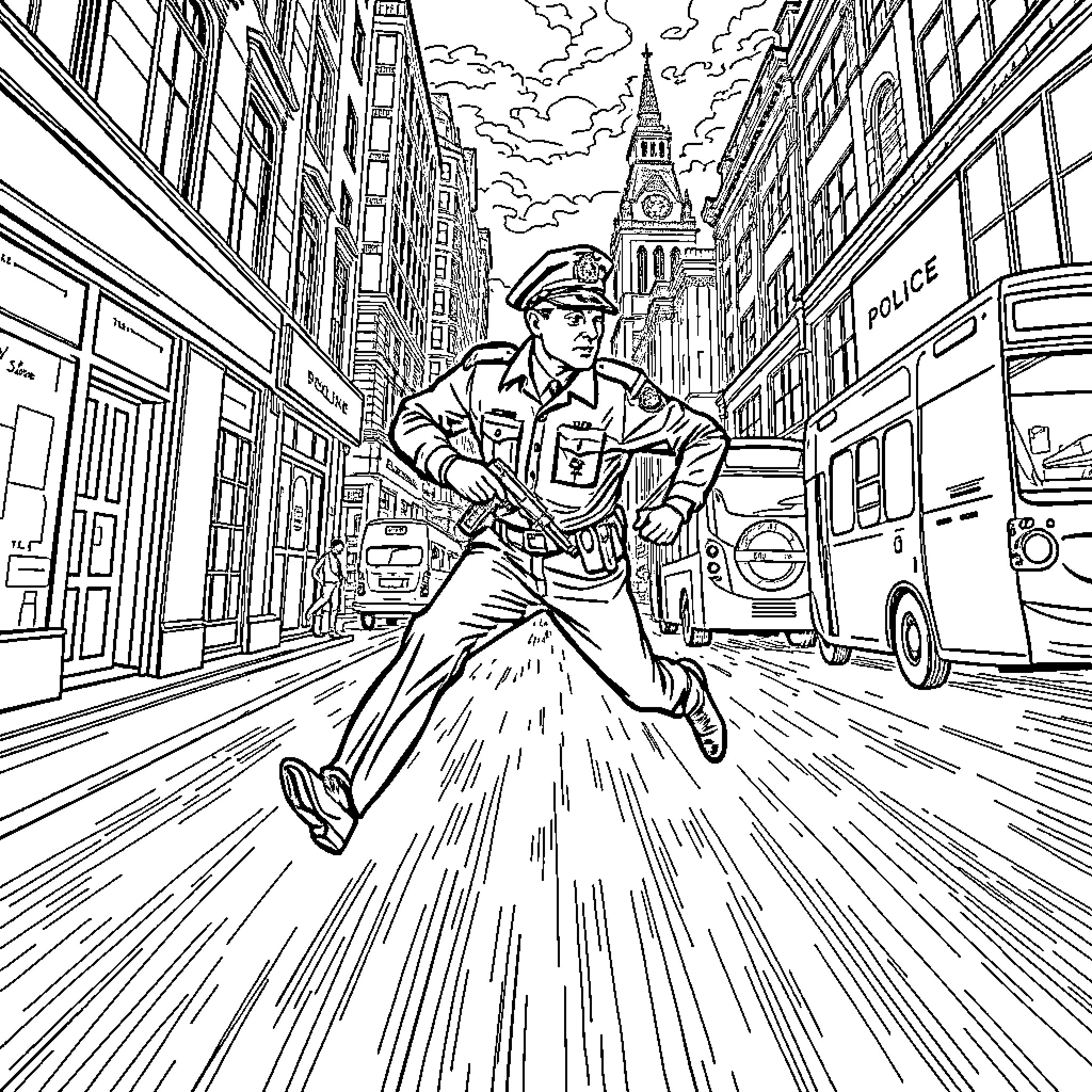 Police Officer Rushing to Respond in the City Coloring Page (free black-and-white line drawing printable PDF for all, from beginners to advanced learners, including children, teens, adults, and seniors)