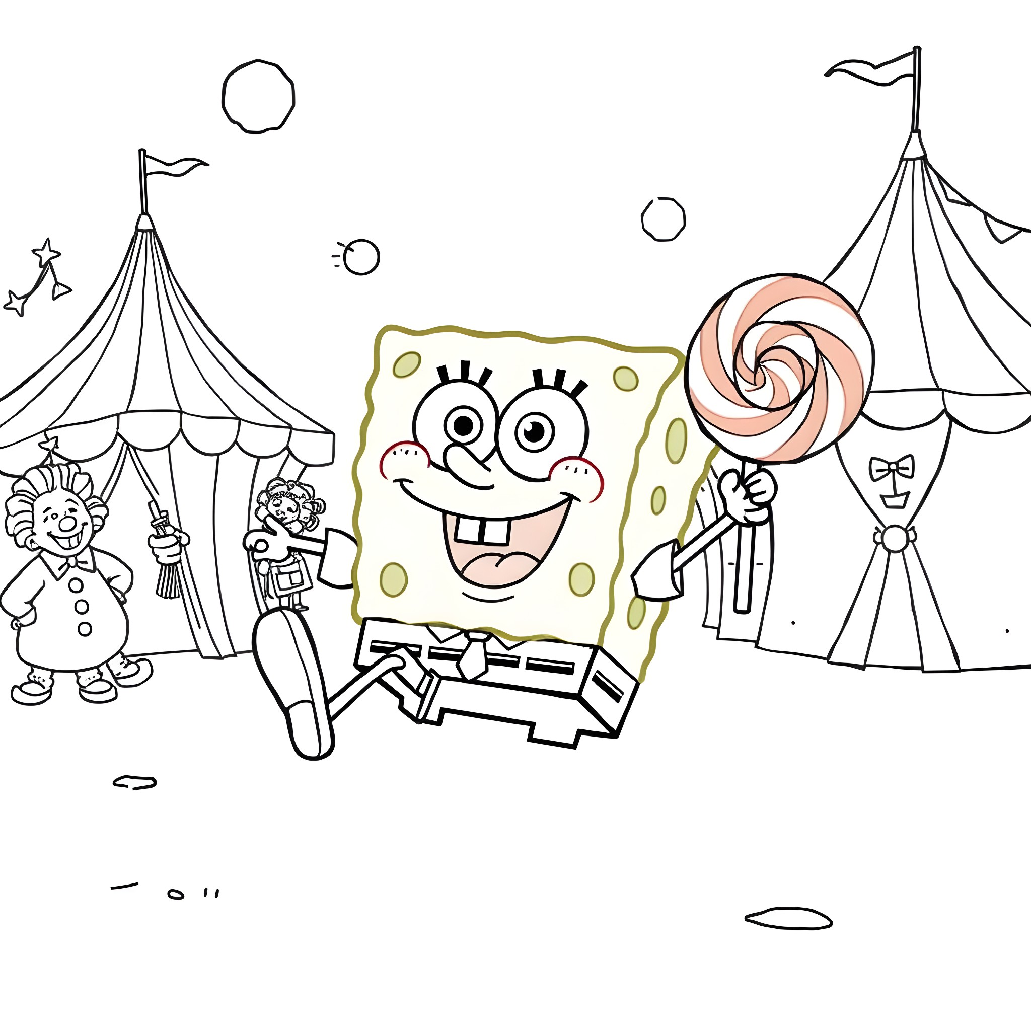 Sponge Bob enjoys the circus with friends Coloring Page (free black-and-white line drawing printable PDF for all, from beginners to advanced learners, including children, teens, adults, and seniors)