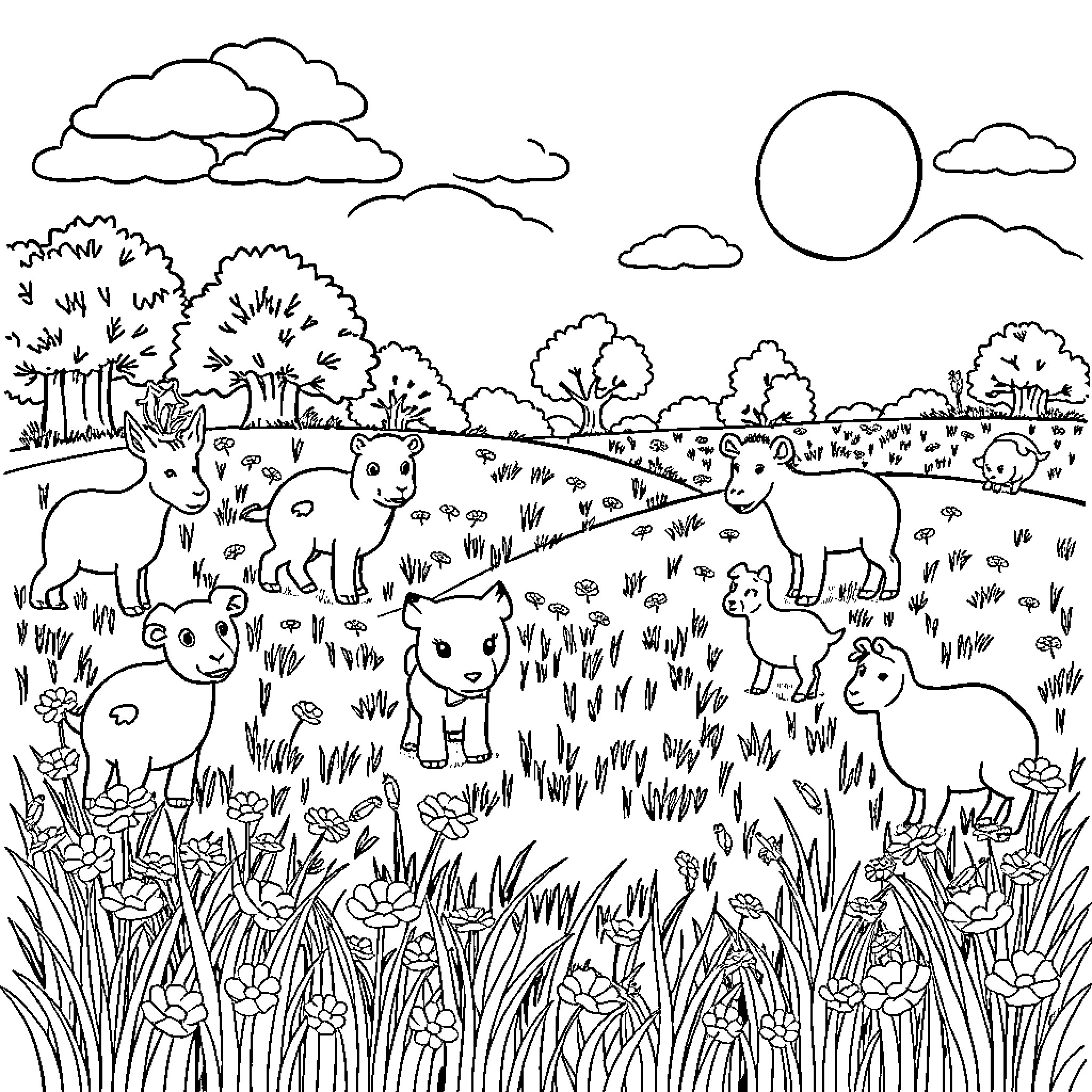 Animal friends exploring a grassy meadow Coloring Page (free black-and-white line drawing printable PDF for all, from beginners to advanced learners, including children, teens, adults, and seniors)