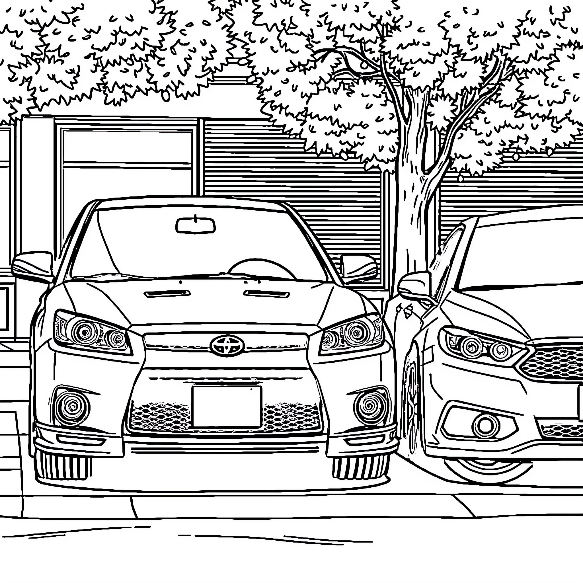 Car Parked in a Scenic Outdoor Setting Coloring Page (free black-and-white line drawing printable PDF for all, from beginners to advanced learners, including children, teens, adults, and seniors)