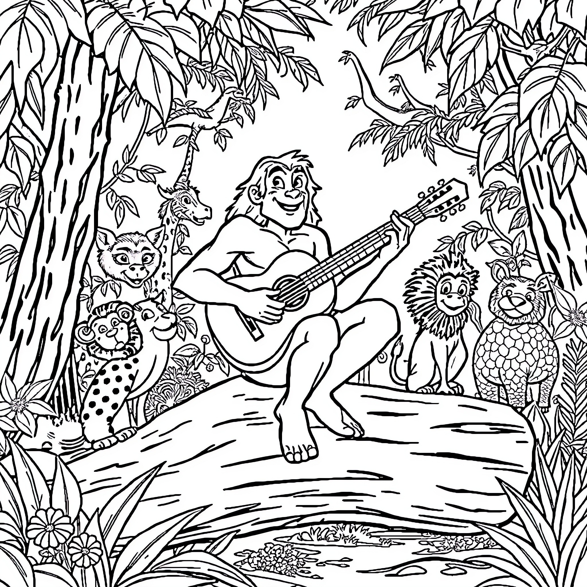 Tarzan entertaining jungle animals with guitar Coloring Page (free black-and-white line drawing printable PDF for all, from beginners to advanced learners, including children, teens, adults, and seniors)