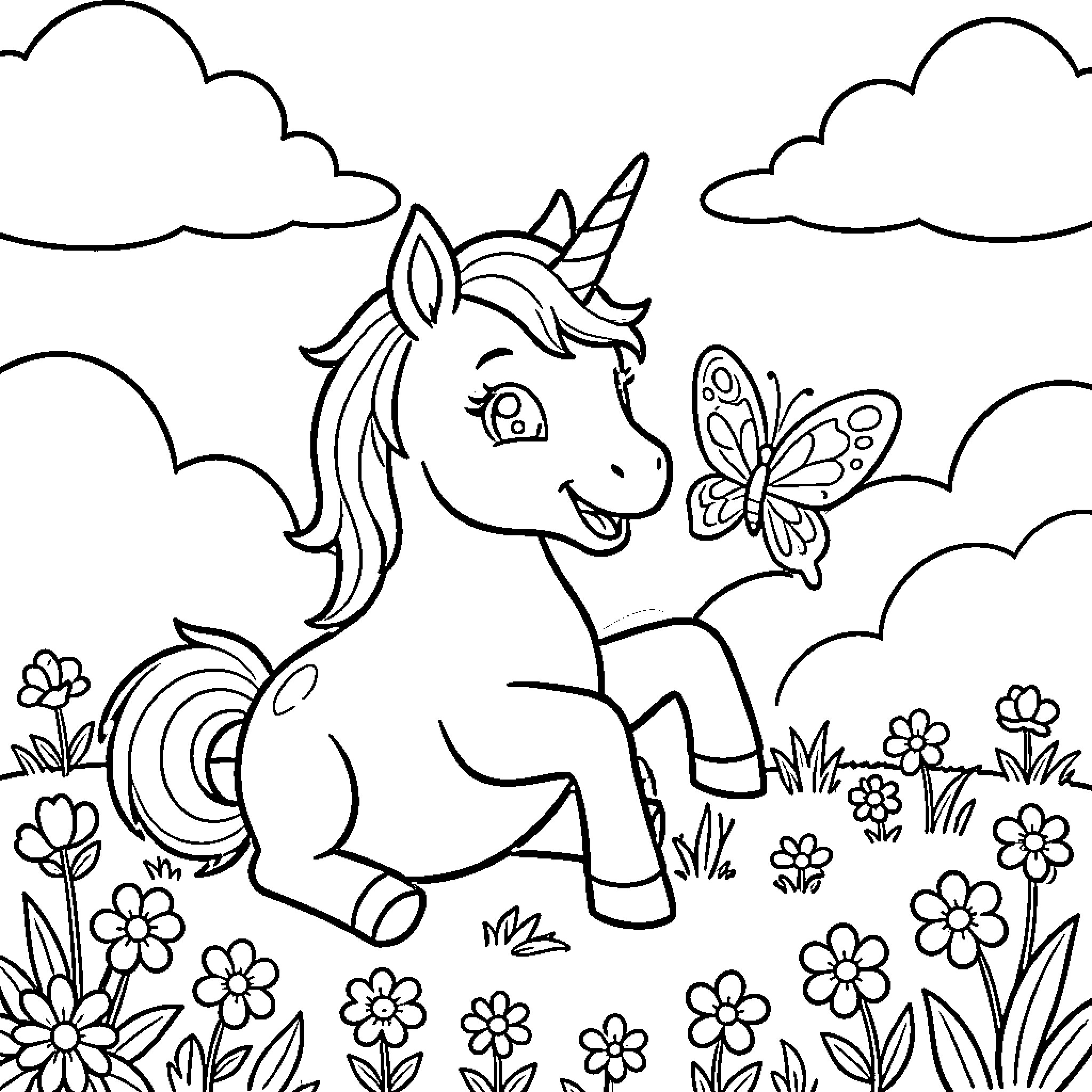 Unicorn interacting with butterfly in flowery meadow Coloring Page (free black-and-white line drawing printable PDF for all, from beginners to advanced learners, including children, teens, adults, and seniors)