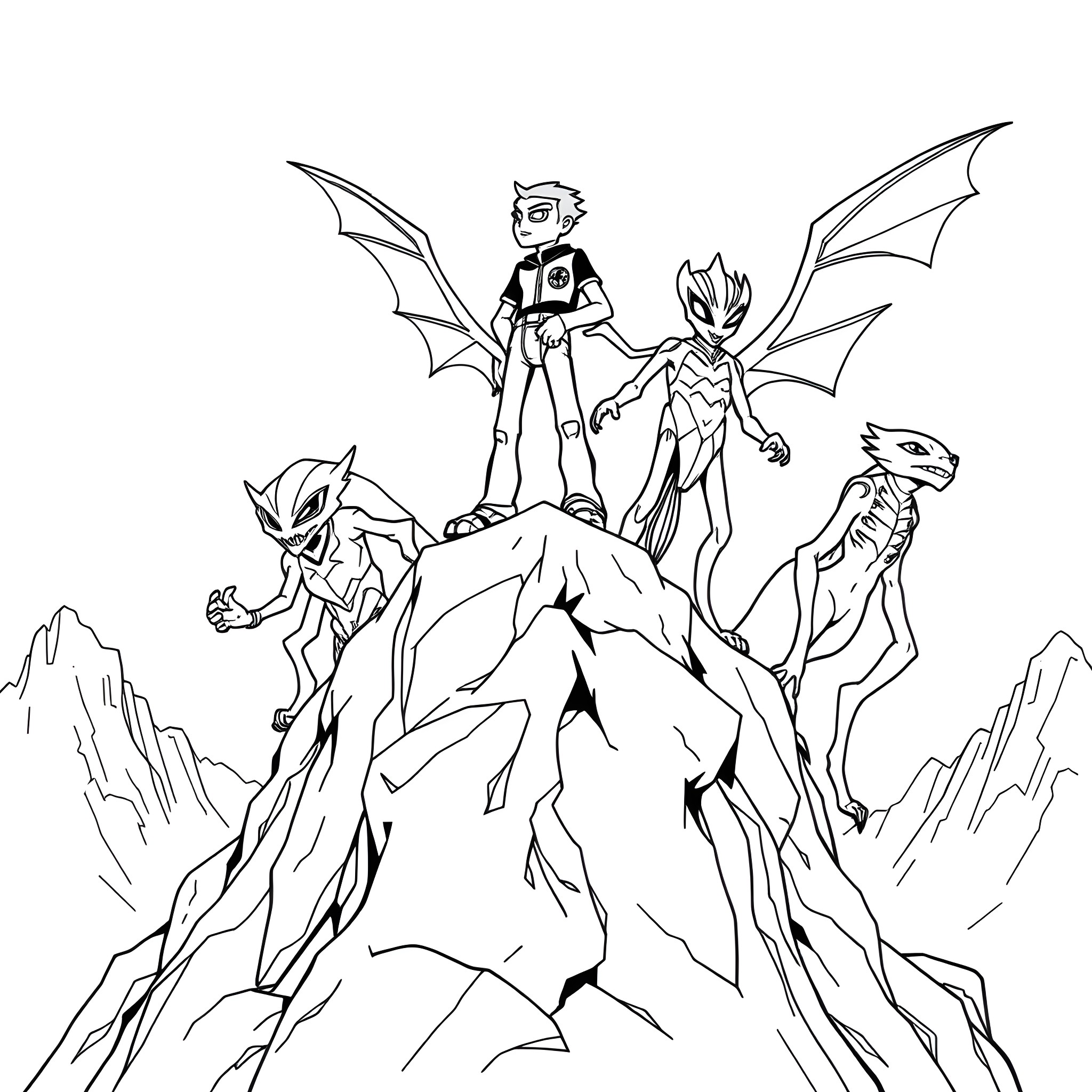 Ben 10 aliens adventuring in a rugged landscape Coloring Page (free black-and-white line drawing printable PDF for all, from beginners to advanced learners, including children, teens, adults, and seniors)