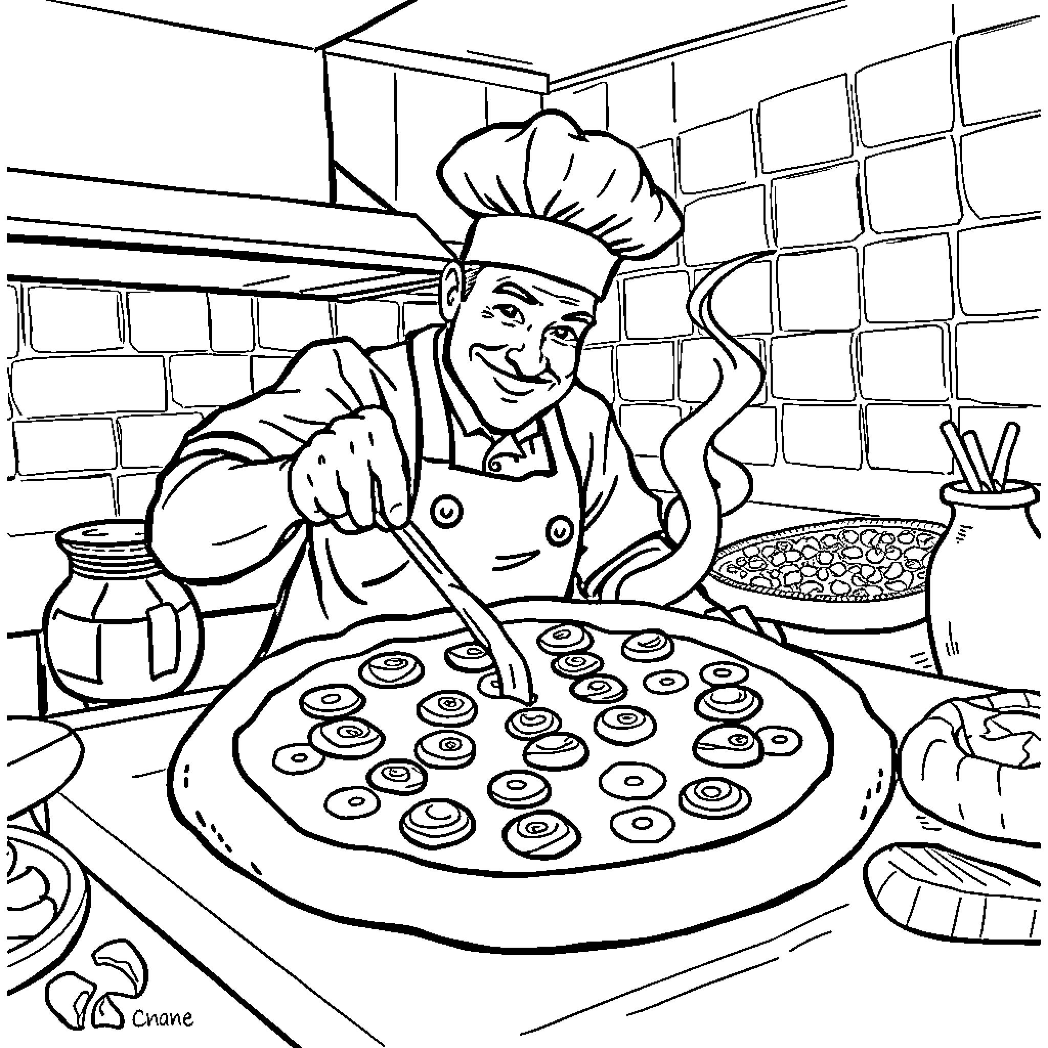 Pizza chef preparing a delicious pizza in the kitchen Coloring Page (free black-and-white line drawing printable PDF for all, from beginners to advanced learners, including children, teens, adults, and seniors)