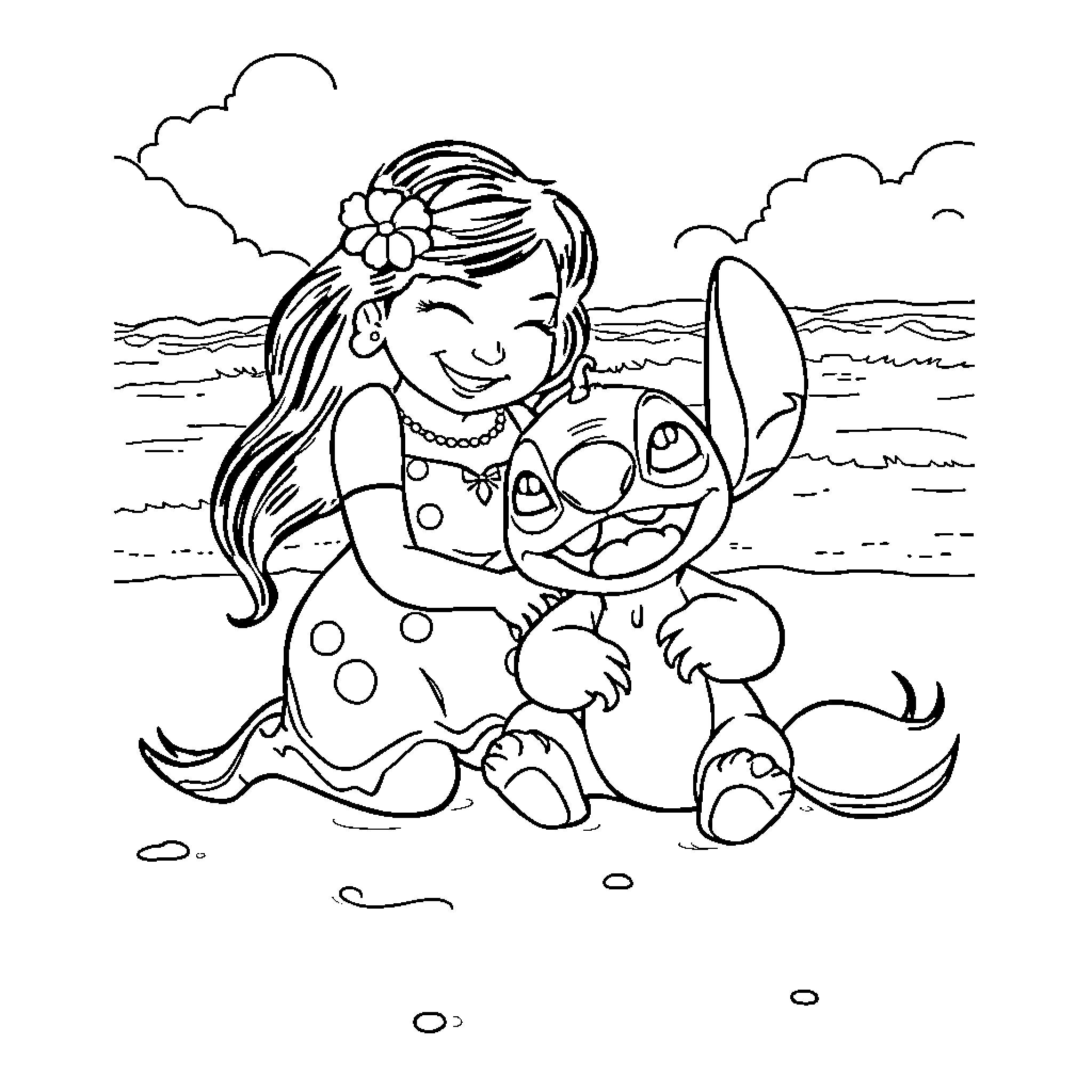 Lilo And Stitch Enjoying a Beach Adventure Coloring Page (free black-and-white line drawing printable PDF for all, from beginners to advanced learners, including children, teens, adults, and seniors)
