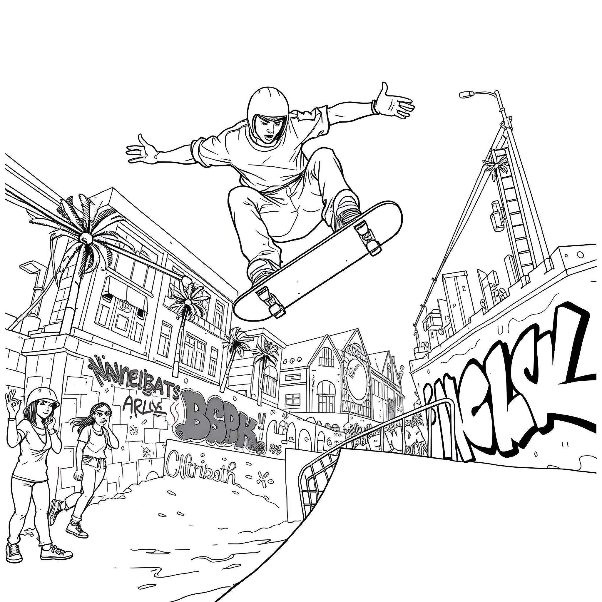 Skateboarder performing a trick in an urban setting Coloring Page (free black-and-white line drawing printable PDF for all, from beginners to advanced learners, including children, teens, adults, and seniors)