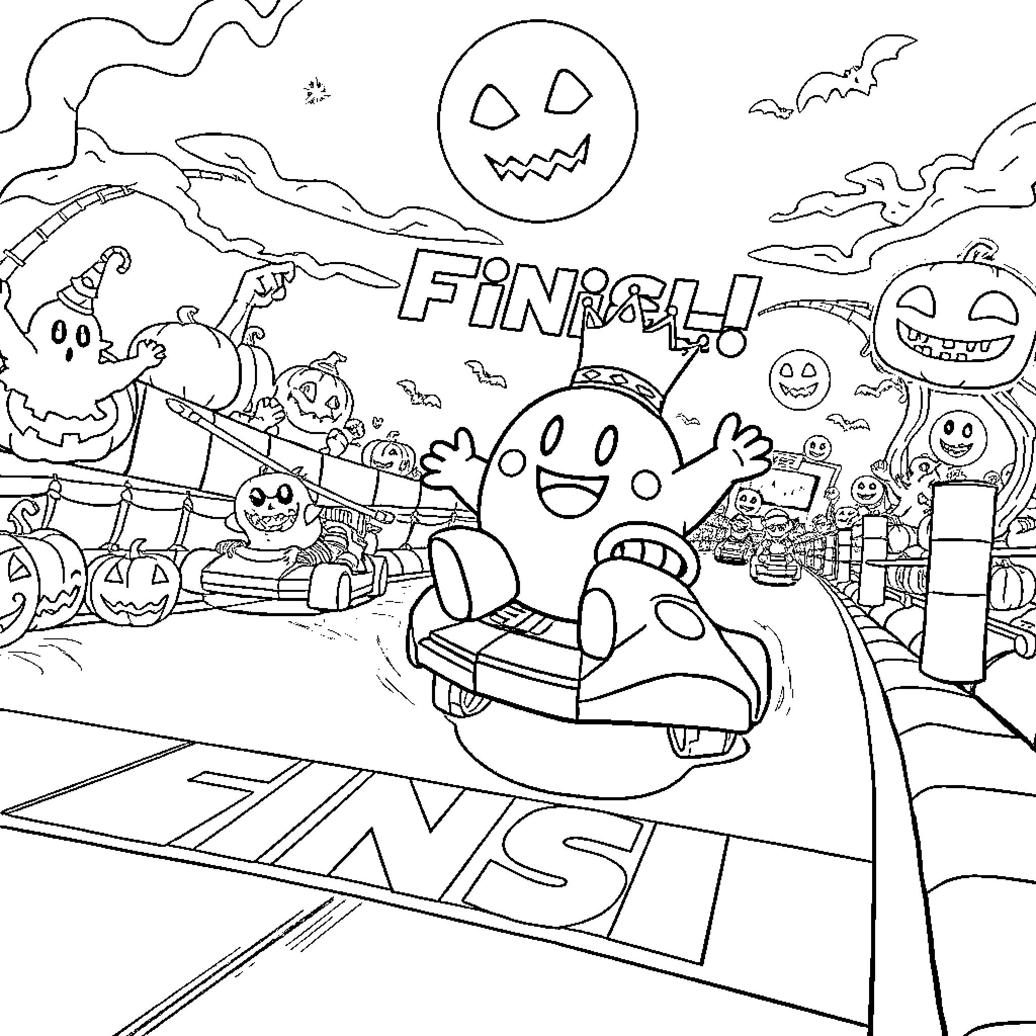 King Boo's Spooky Halloween Adventure Coloring Page (free black-and-white line drawing printable PDF for all, from beginners to advanced learners, including children, teens, adults, and seniors)