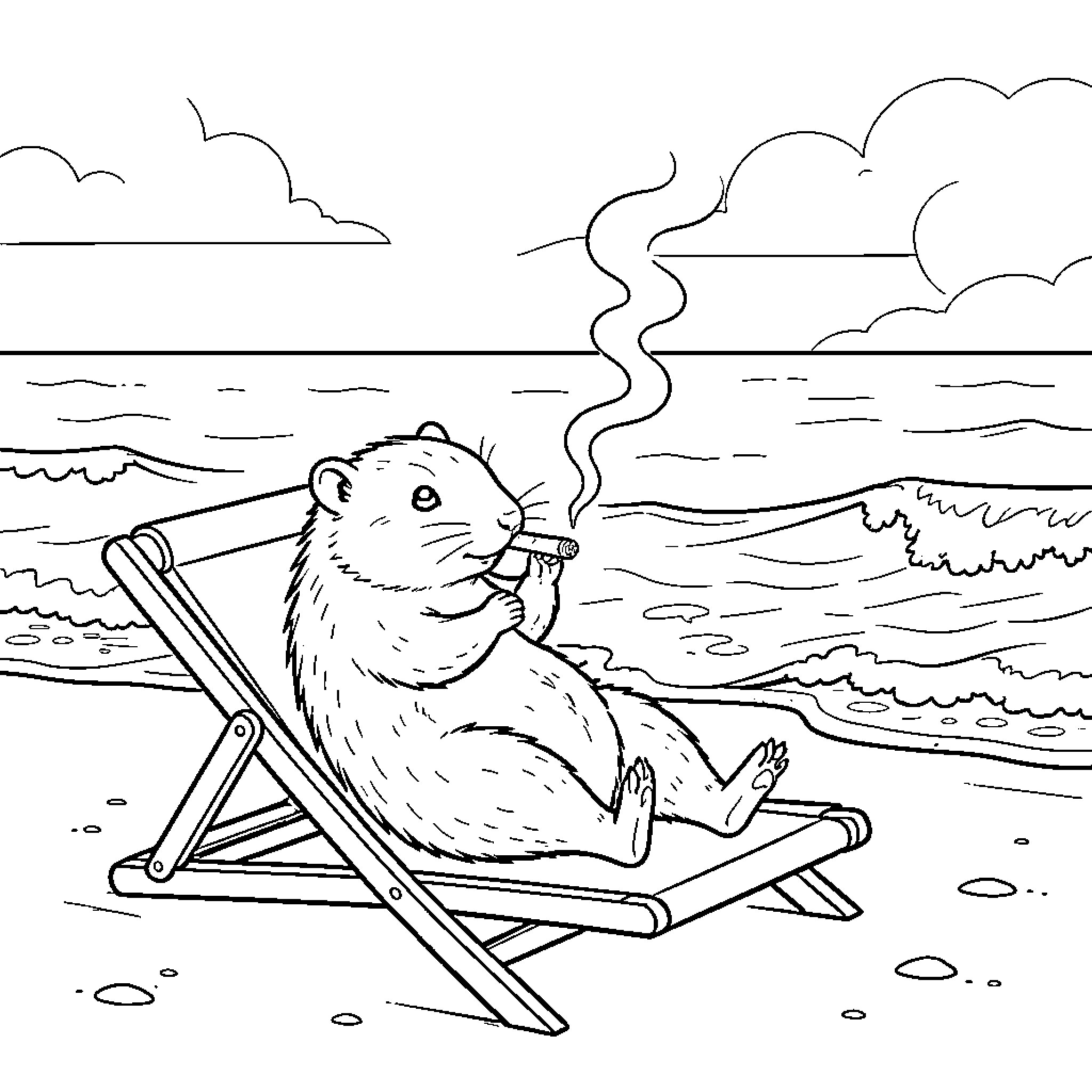 Zarigüeya relaxing on the beach Coloring Page (free black-and-white line drawing printable PDF for all, from beginners to advanced learners, including children, teens, adults, and seniors)