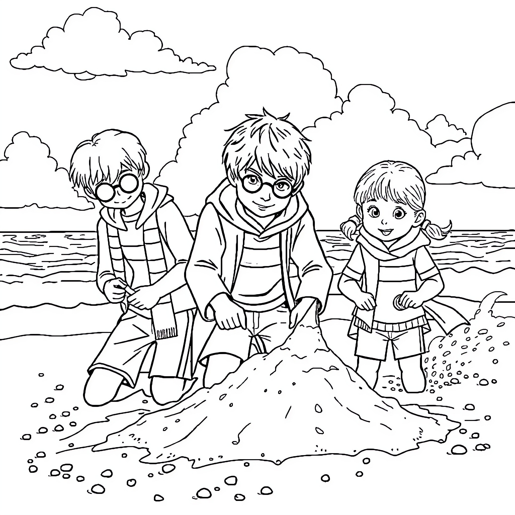 Harry and friends building a sandcastle on the beach Coloring Page (free black-and-white line drawing printable PDF for all, from beginners to advanced learners, including children, teens, adults, and seniors)