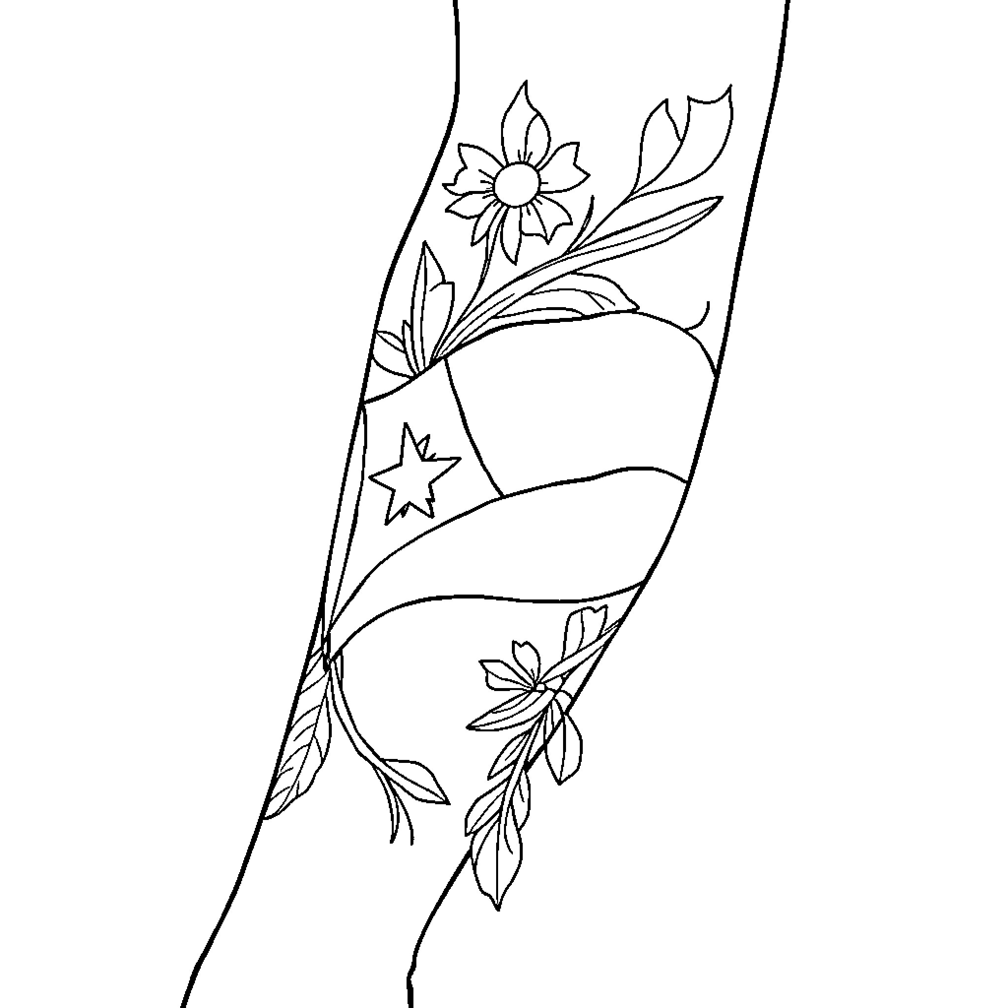 Tattoo with floral and star designs Coloring Page (free black-and-white line drawing printable PDF for all, from beginners to advanced learners, including children, teens, adults, and seniors)