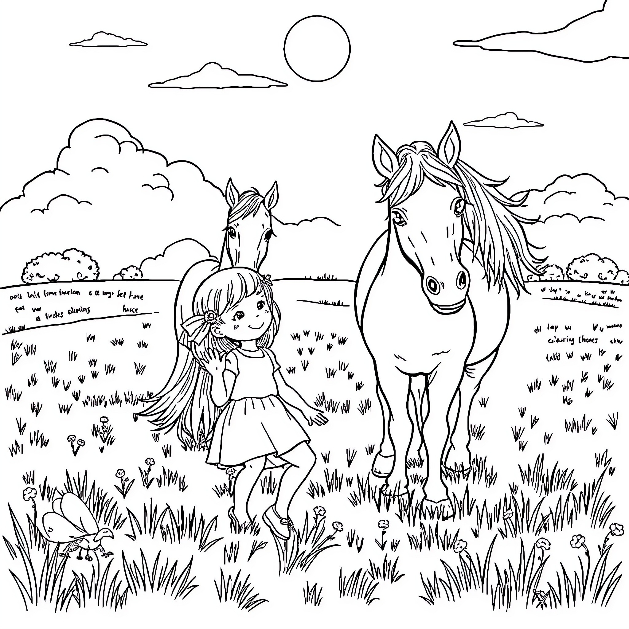 Horse and girl in a peaceful countryside scene Coloring Page (free black-and-white line drawing printable PDF for all, from beginners to advanced learners, including children, teens, adults, and seniors)