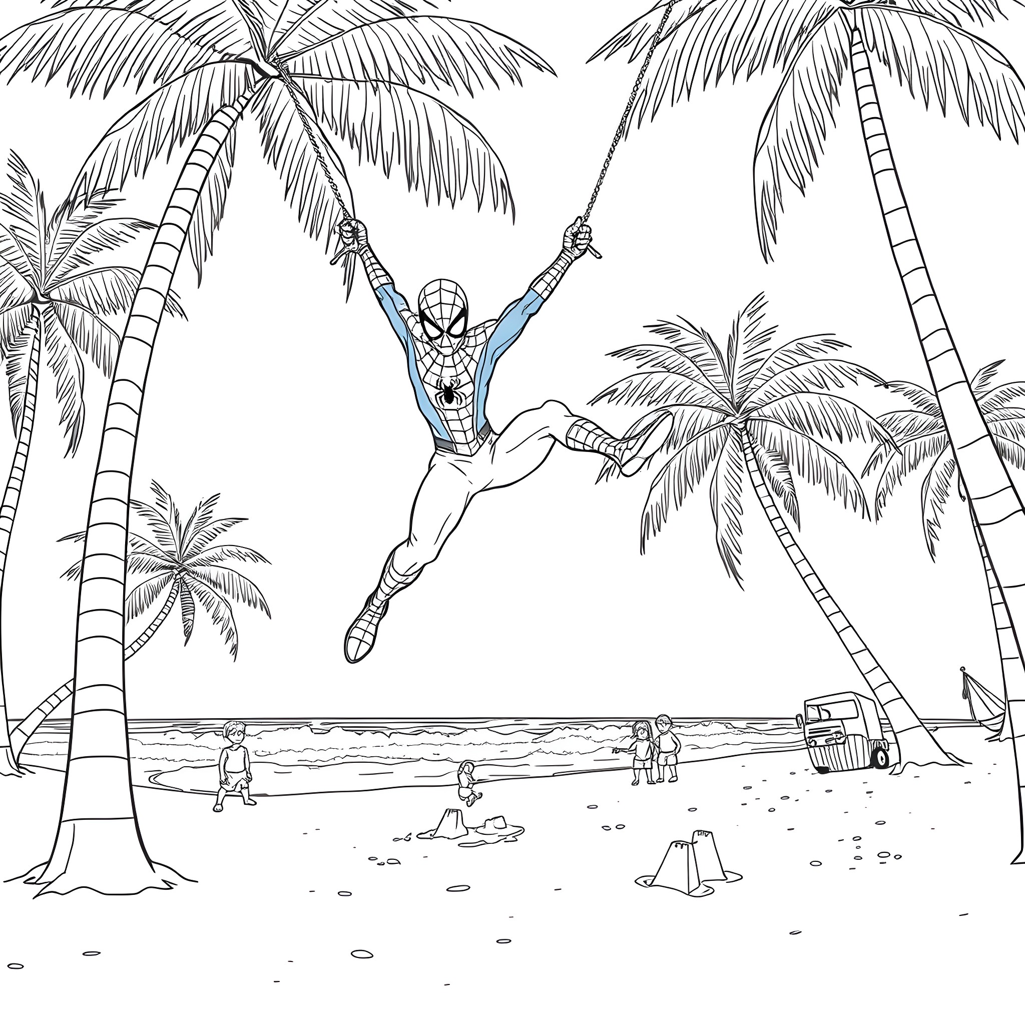 Spider-Man swinging through palm trees on a tropical beach Coloring Page (free black-and-white line drawing printable PDF for all, from beginners to advanced learners, including children, teens, adults, and seniors)