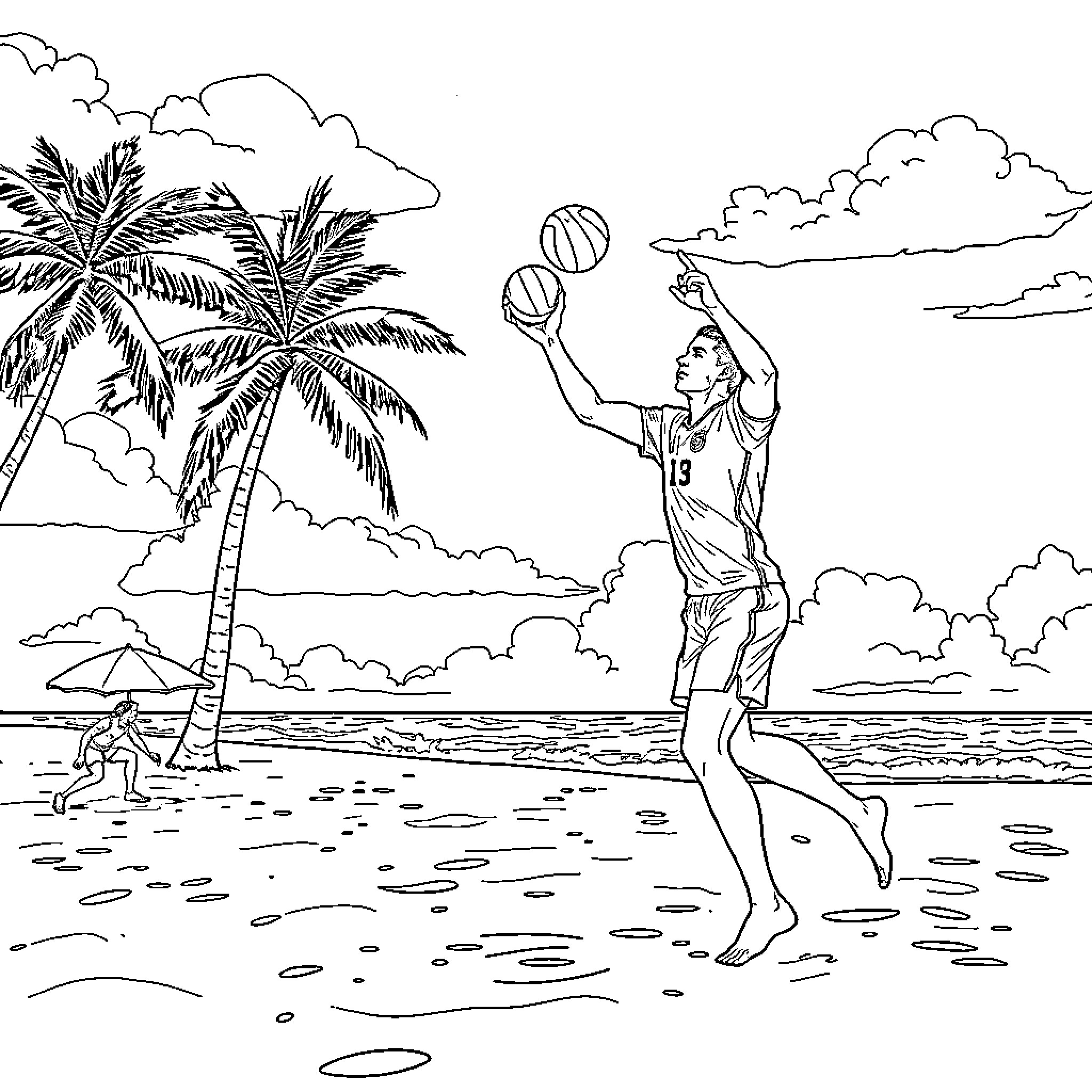 Cristiano Ronaldo playing beach volleyball in paradise Coloring Page (free black-and-white line drawing printable PDF for all, from beginners to advanced learners, including children, teens, adults, and seniors)