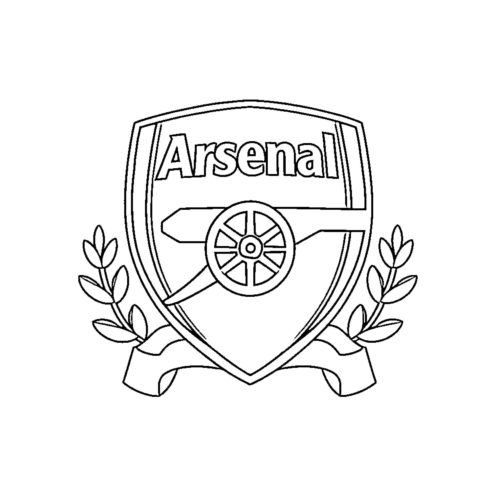 Arsenal Crest with Stylized Laurel Wreath Coloring Page (free black-and-white line drawing printable PDF for all, from beginners to advanced learners, including children, teens, adults, and seniors)
