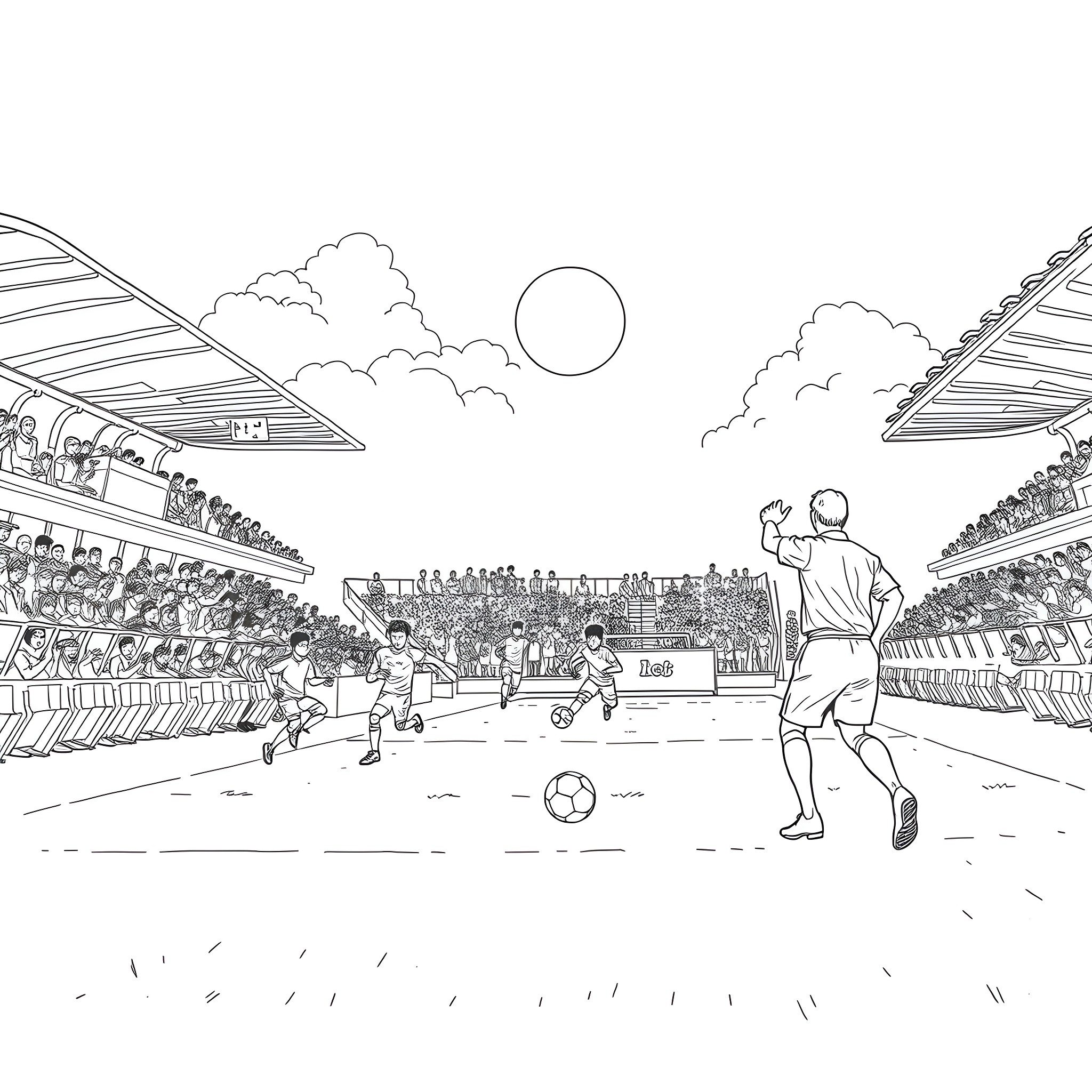 Football Players in Action on the Field Coloring Page (free black-and-white line drawing printable PDF for all, from beginners to advanced learners, including children, teens, adults, and seniors)