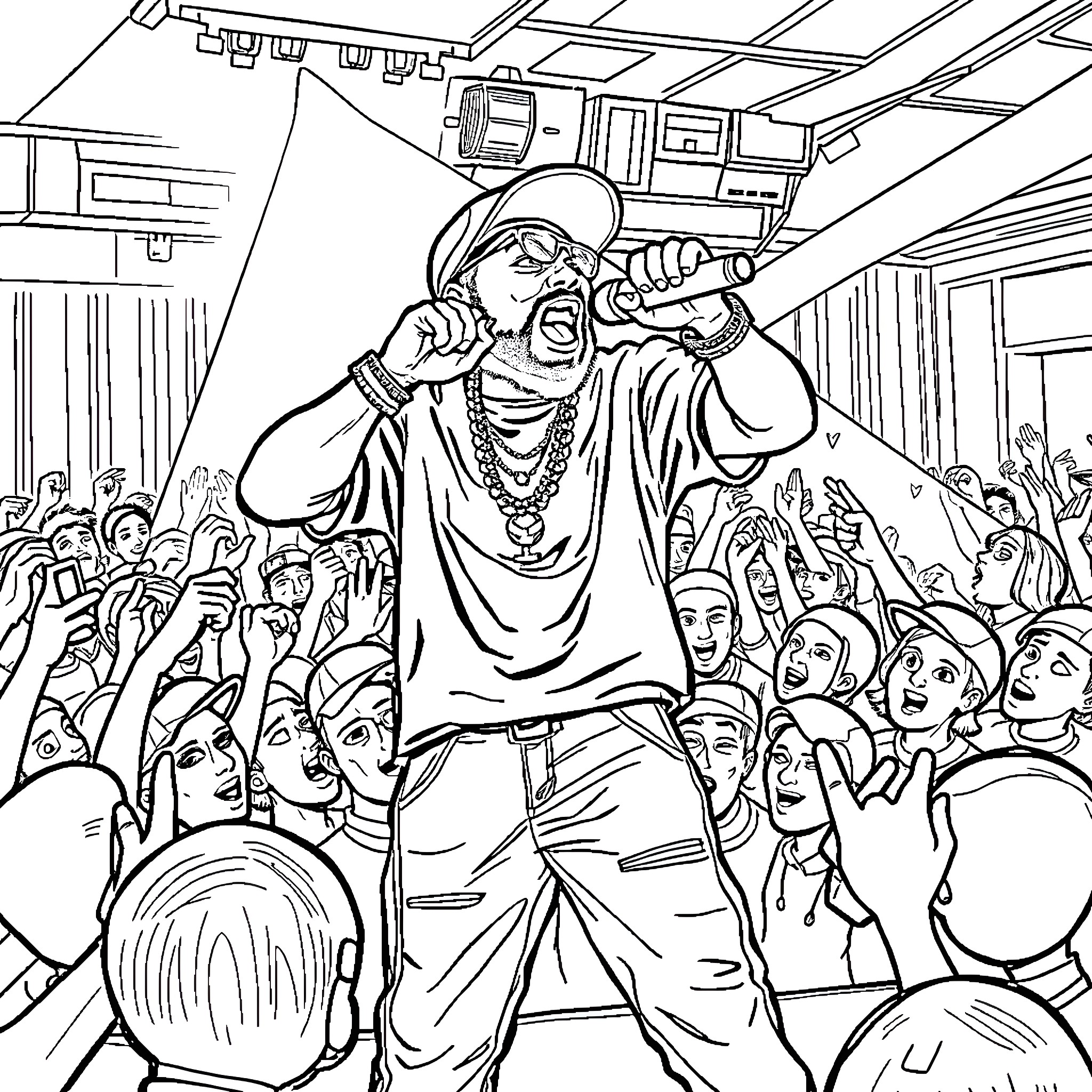 BeamerBoyz performing on stage with an energetic crowd Coloring Page (free black-and-white line drawing printable PDF for all, from beginners to advanced learners, including children, teens, adults, and seniors)