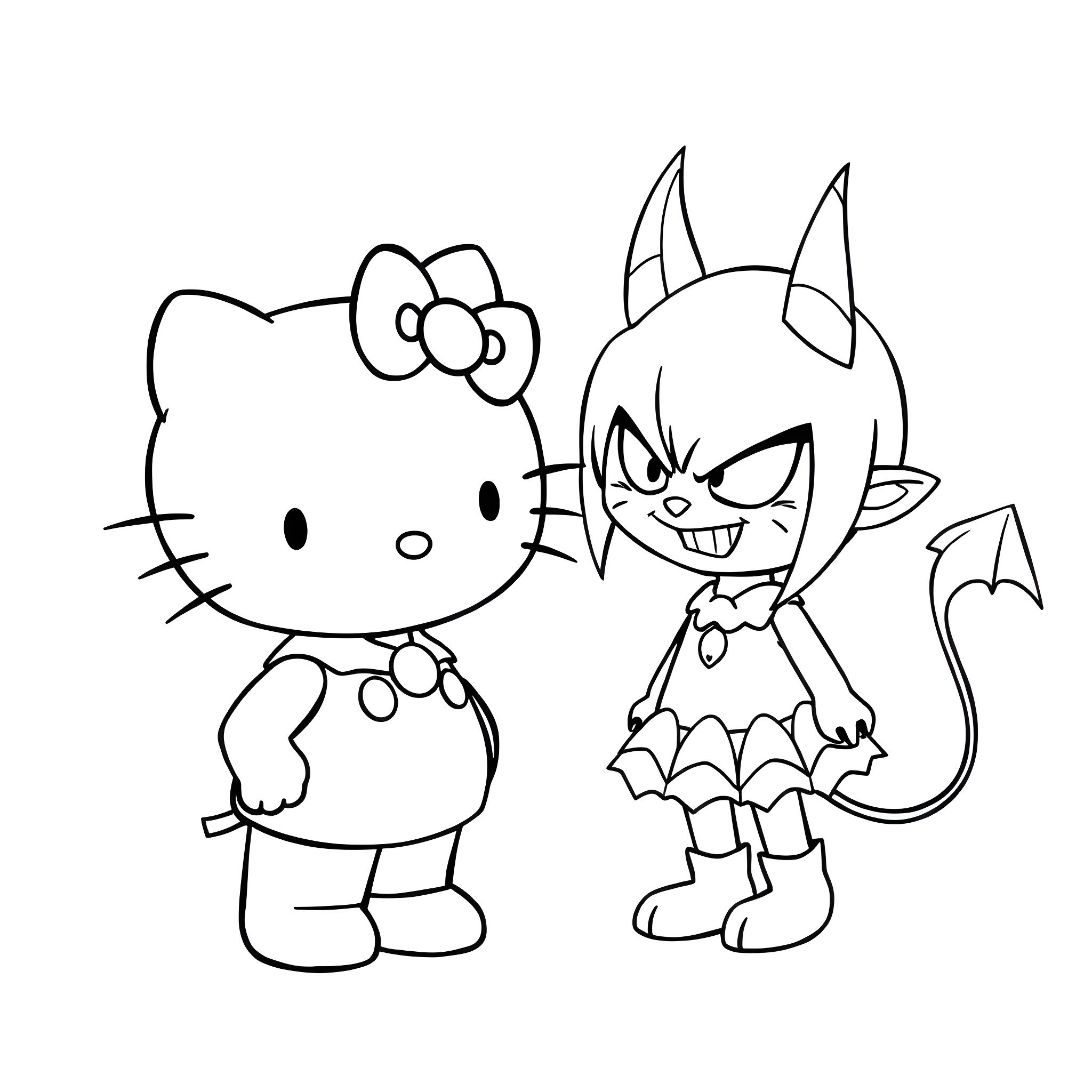 Hello Kitty and Demon Kitty in Costume Coloring Page (free black-and-white line drawing printable PDF for all, from beginners to advanced learners, including children, teens, adults, and seniors)
