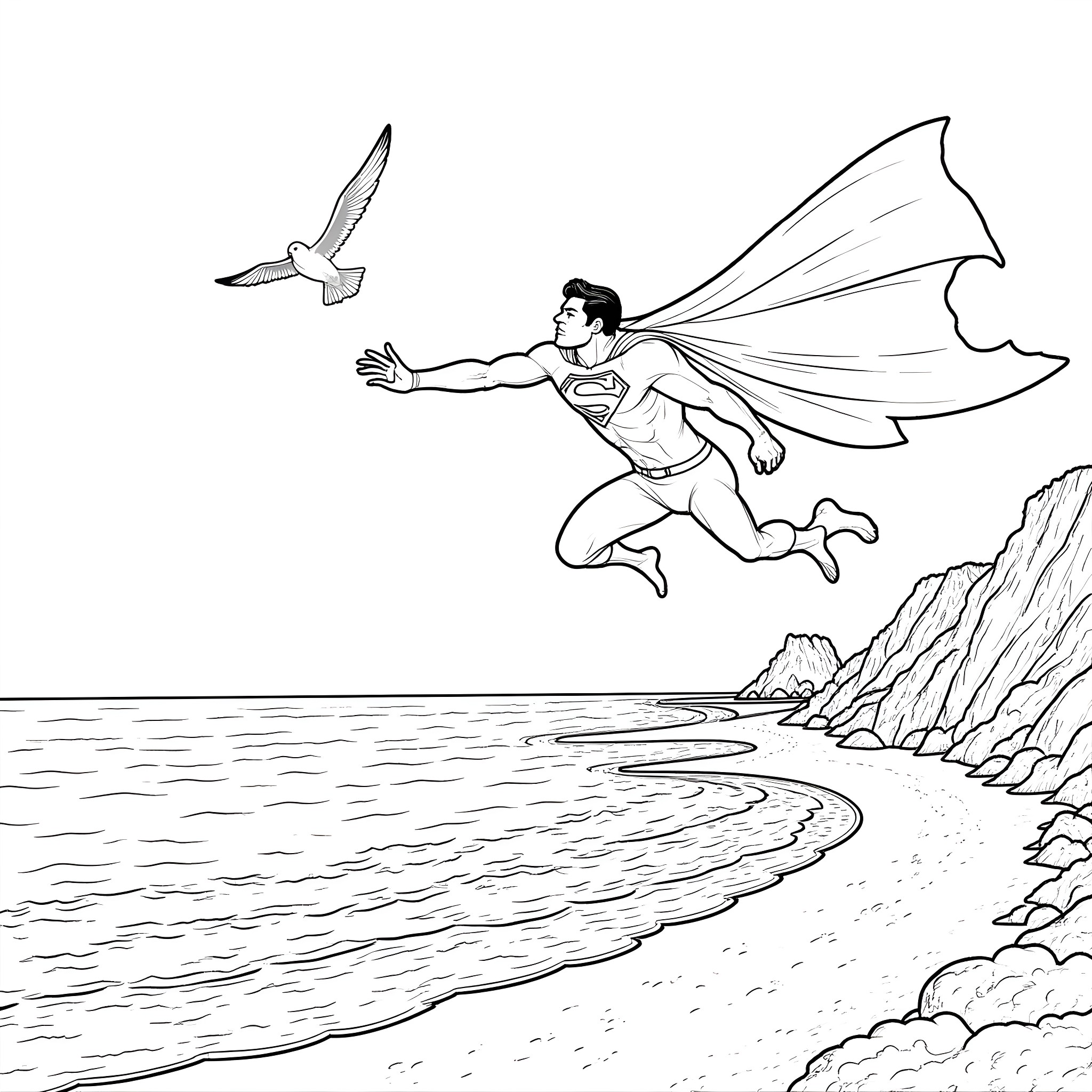 Superman soaring over the beach Coloring Page (free black-and-white line drawing printable PDF for all, from beginners to advanced learners, including children, teens, adults, and seniors)