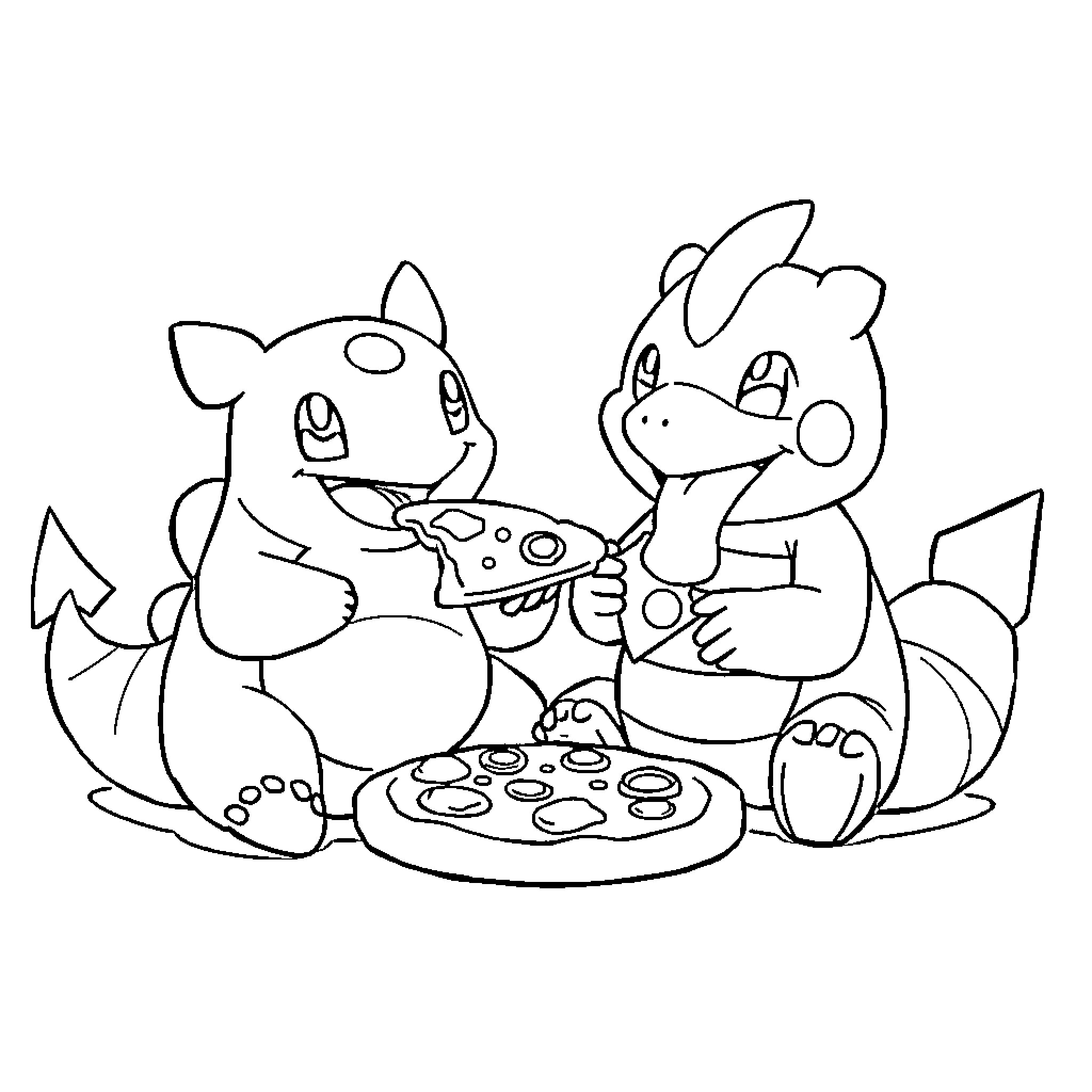 Pokémon friends enjoying a snack together Coloring Page (free black-and-white line drawing printable PDF for all, from beginners to advanced learners, including children, teens, adults, and seniors)