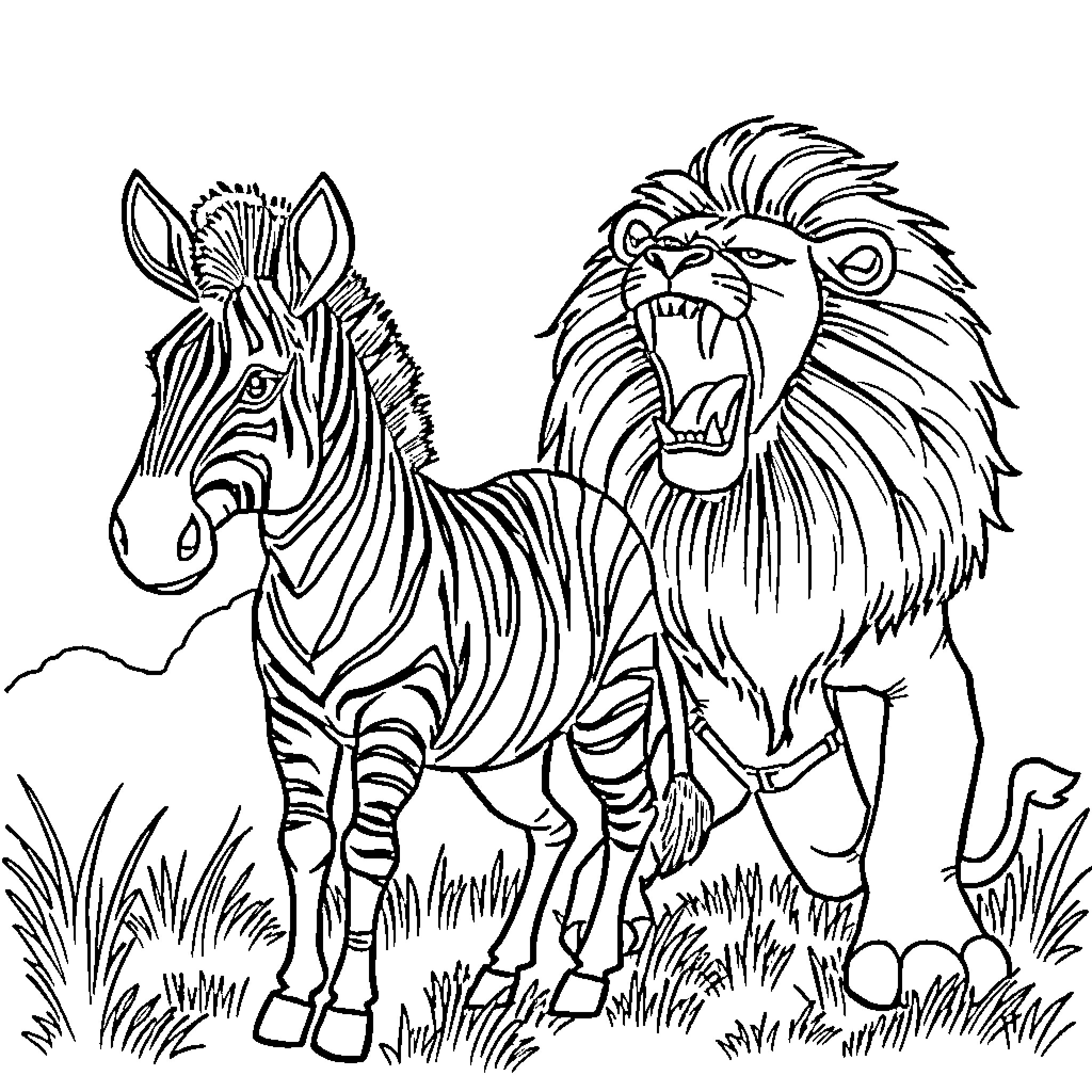 Zebra and Roaring Lion in Grassy Landscape Coloring Page (free black-and-white line drawing printable PDF for all, from beginners to advanced learners, including children, teens, adults, and seniors)