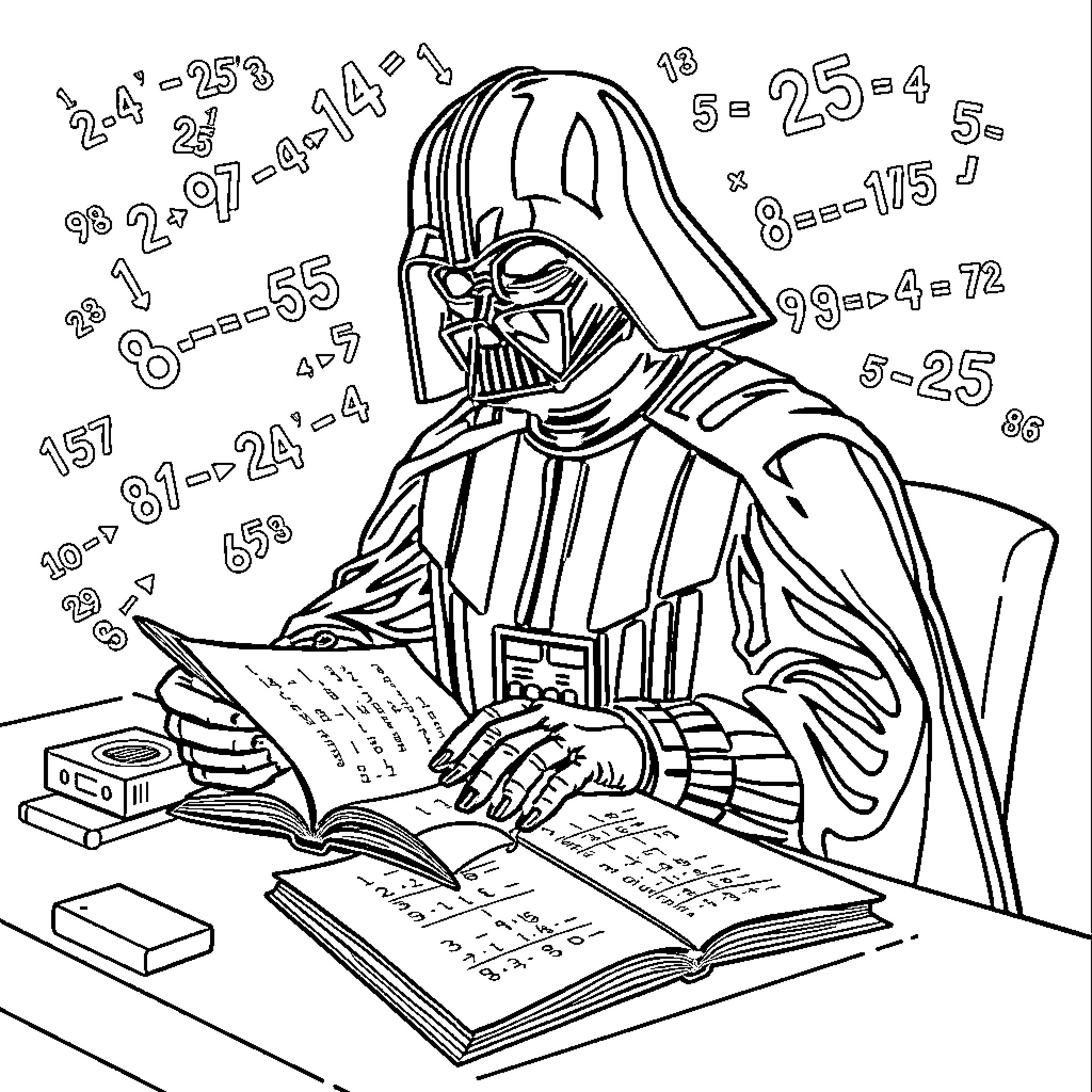 Darth Vader studying math calculations and equations Coloring Page (free black-and-white line drawing printable PDF for all, from beginners to advanced learners, including children, teens, adults, and seniors)