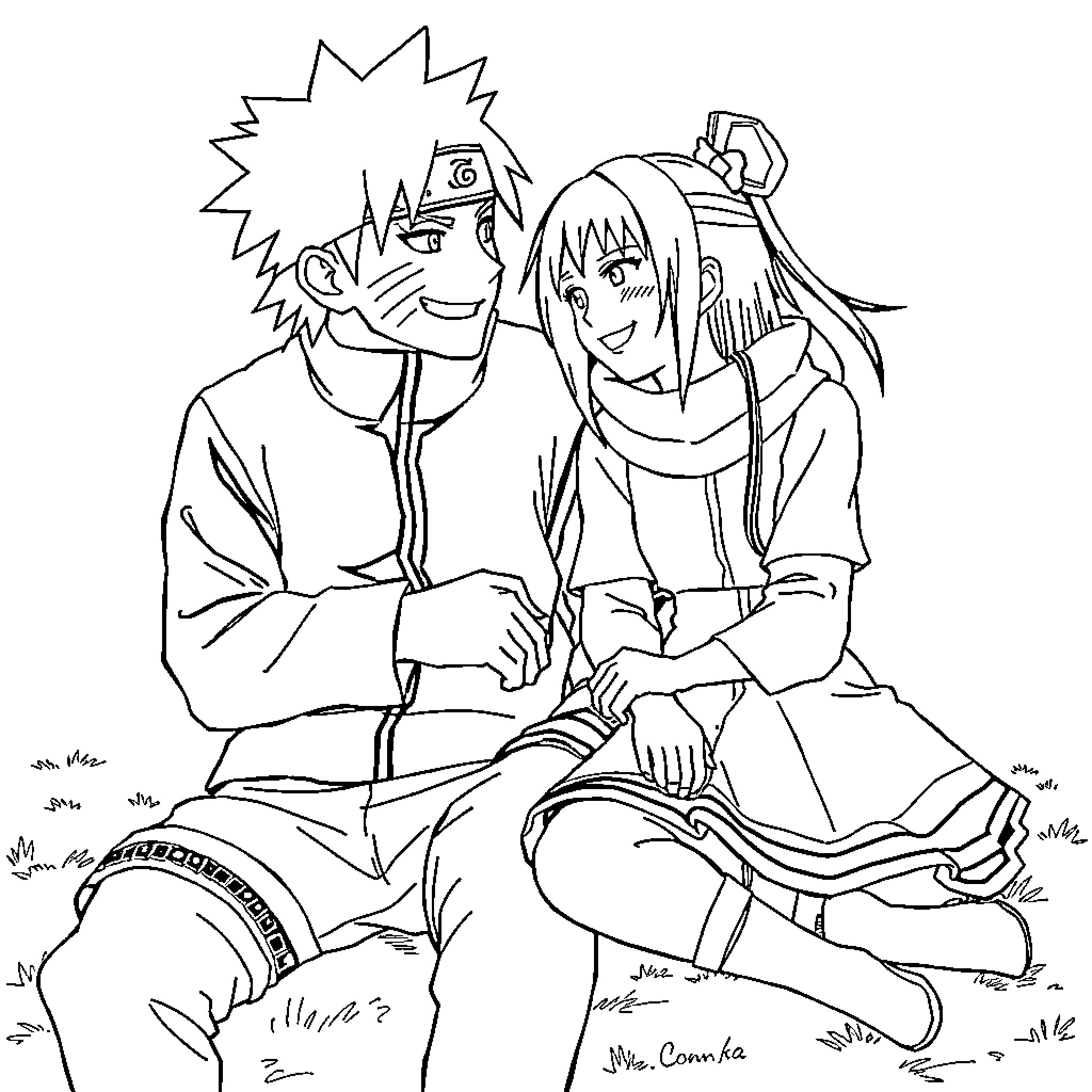Naruto and Sakura sharing a tender moment Coloring Page (free black-and-white line drawing printable PDF for all, from beginners to advanced learners, including children, teens, adults, and seniors)