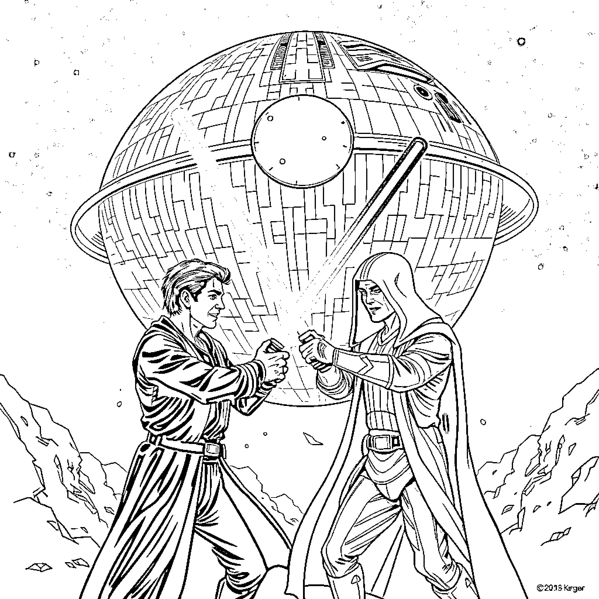 Nestor Kirchner fighting with opponent under Death Star Coloring Page (free black-and-white line drawing printable PDF for all, from beginners to advanced learners, including children, teens, adults, and seniors)