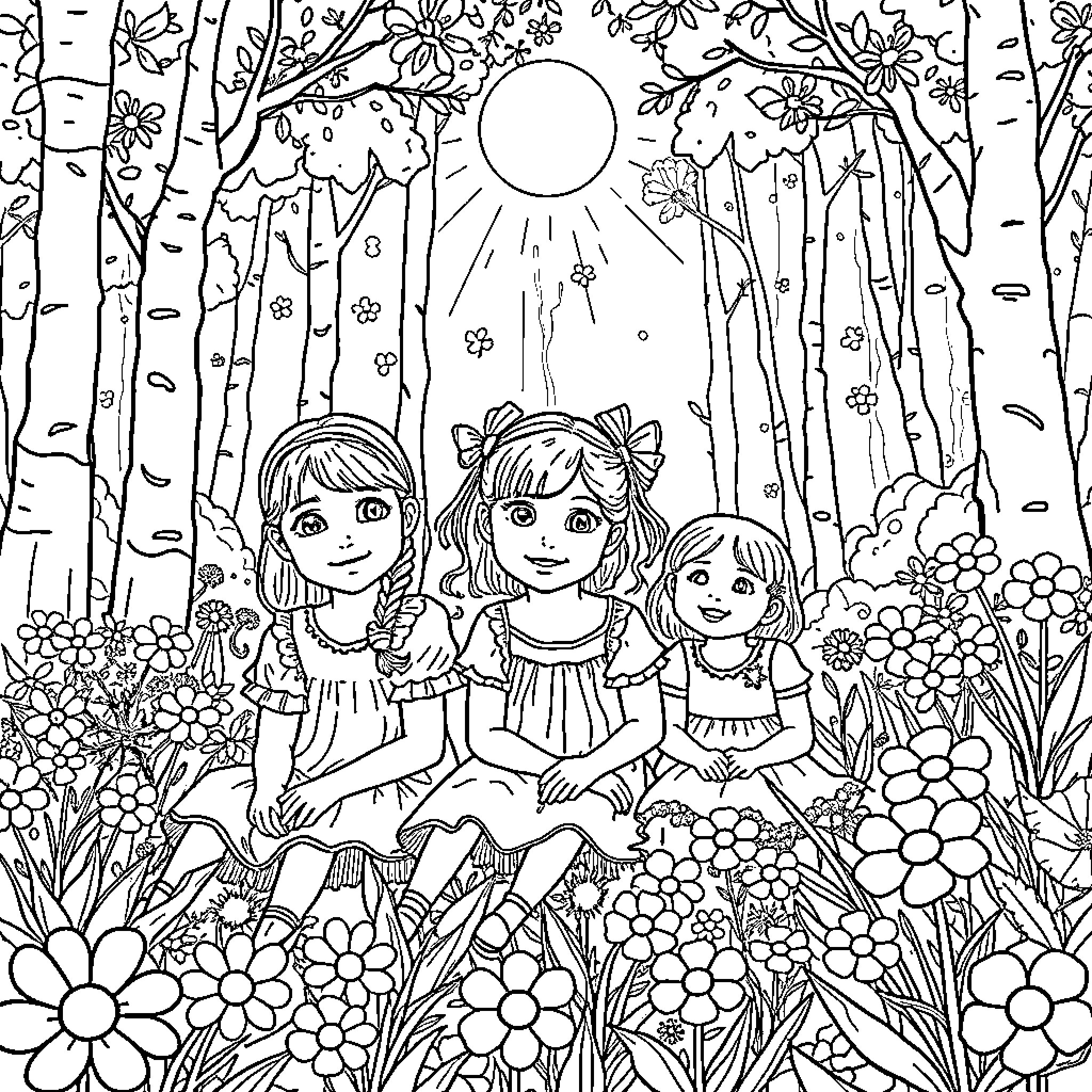 Girl friends enjoy nature in a floral garden Coloring Page (free black-and-white line drawing printable PDF for all, from beginners to advanced learners, including children, teens, adults, and seniors)