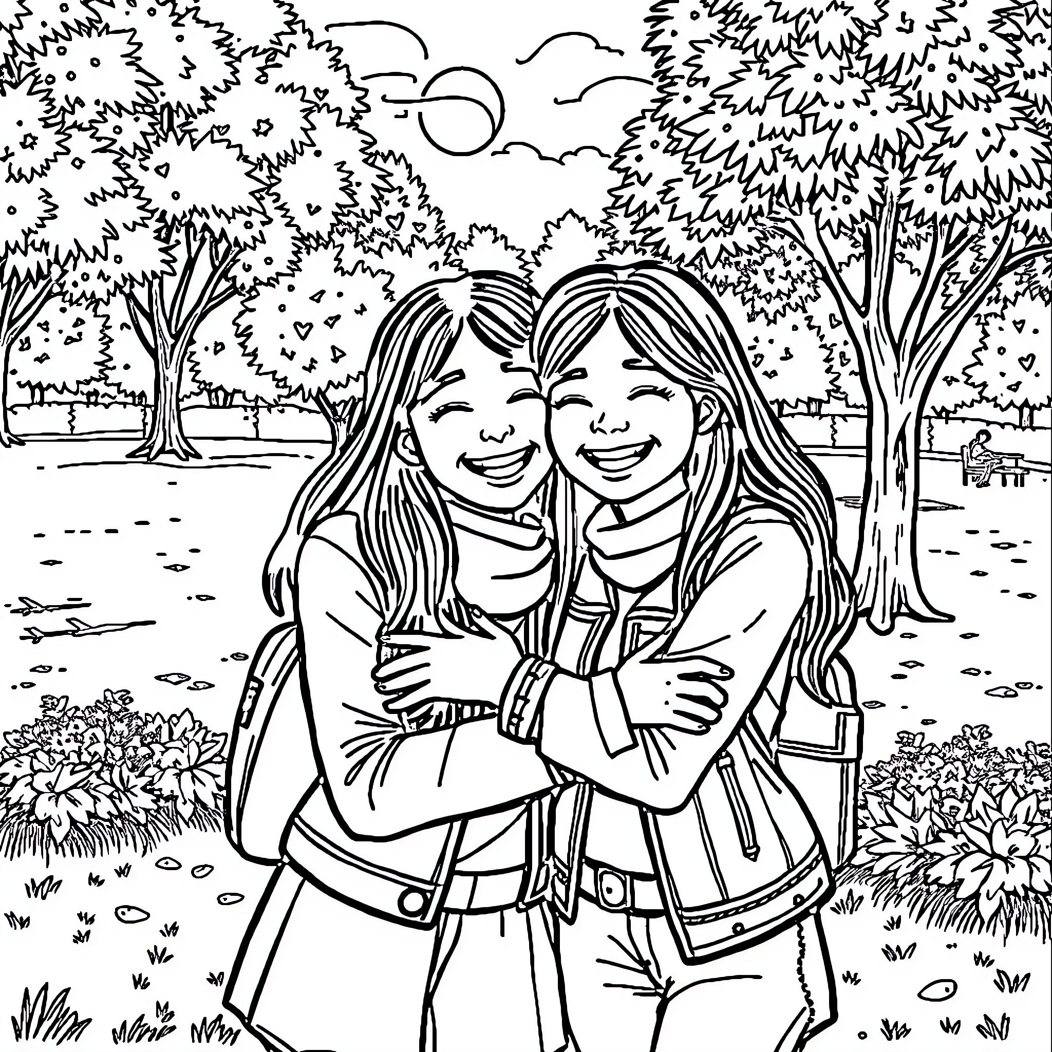 Friend's happy moment in the outdoor garden Coloring Page (free black-and-white line drawing printable PDF for all, from beginners to advanced learners, including children, teens, adults, and seniors)